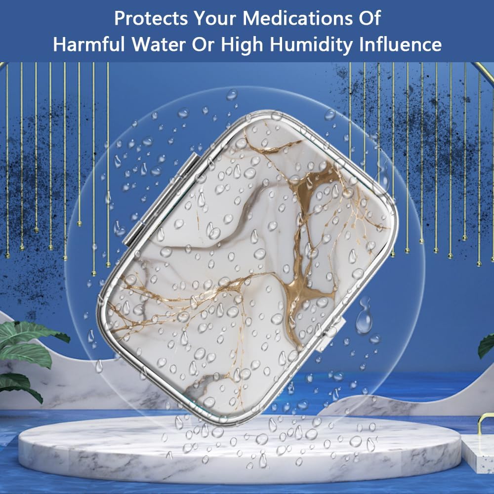 Pill Box 2 Compartment Small Pill Case,Portable for Pocket or Purse Pill Organizer Pill Container Holder to Hold Vitamins, Medication, Fish Oil and Supplements(Gray Marbling Gold)