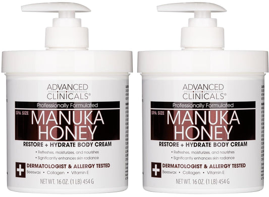 Advanced Clinicals Manuka Honey Body Cream For Women & Men | Body Butter Lotion For Extremely Dry Skin | Collagen Cream | Skincare Moisturizer Hydrating Balm Improves Look Of Aging Skin, 16Oz, 2-Pack