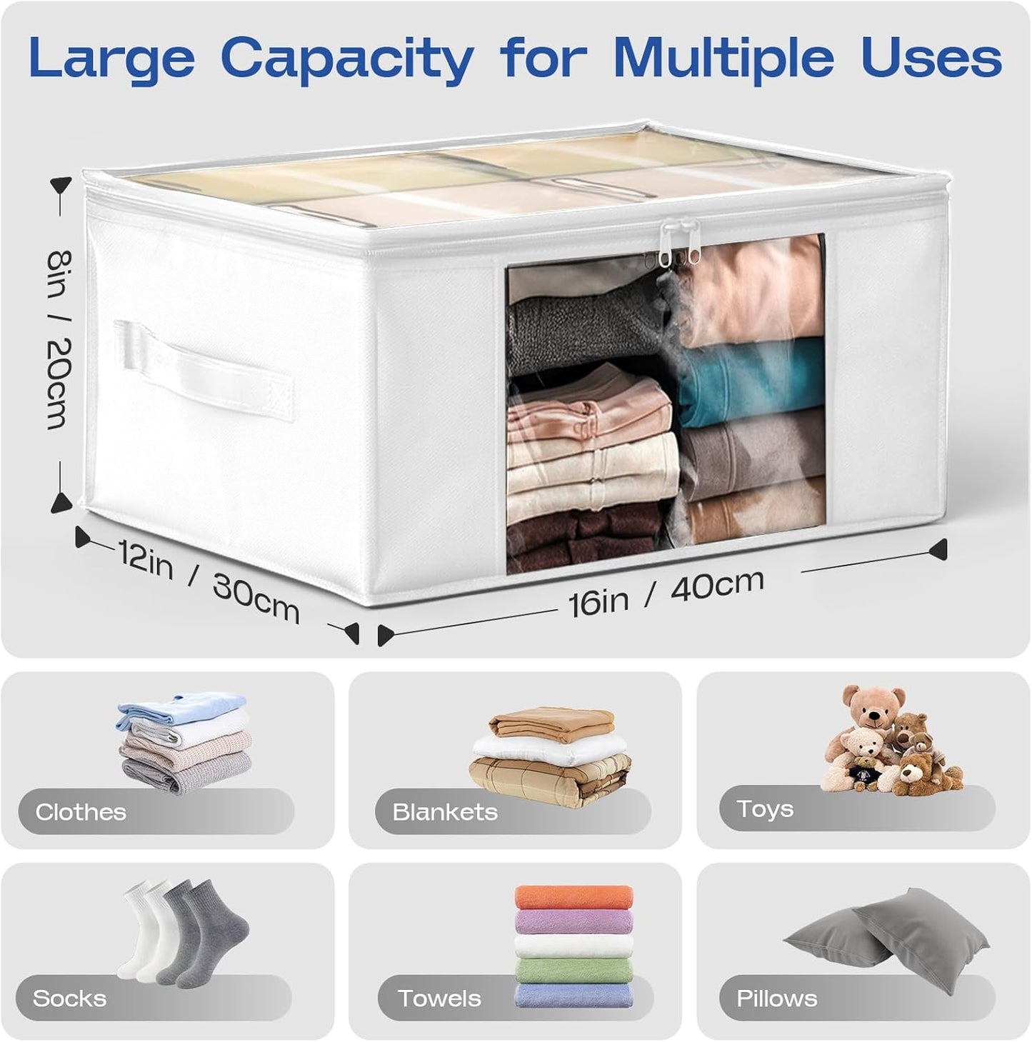 Clothes Storage Bags, Foldable Thick Fabric Blanket Storage Bags, Large Clear Window & Carry Handles, Great for Clothes, Blankets, Closets, Pillows, Toys (White, 4PACK)