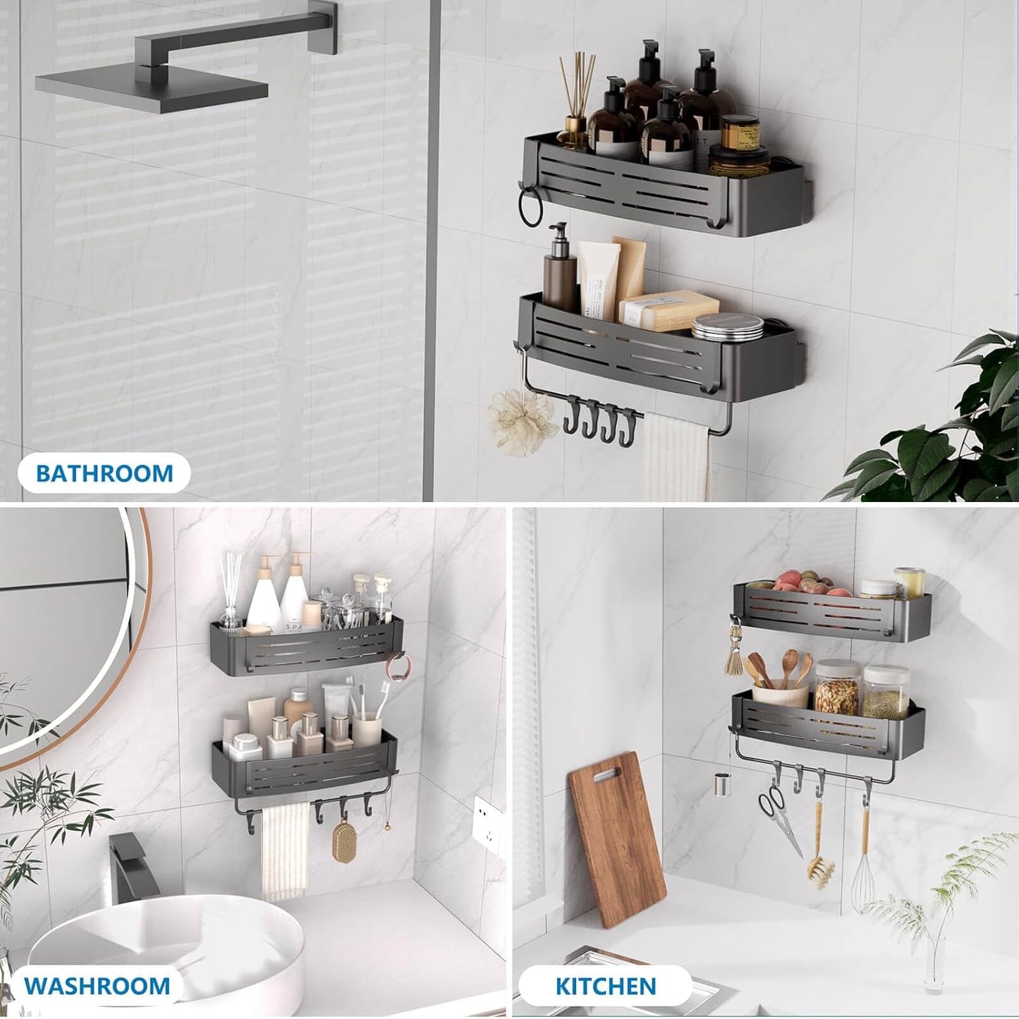 Onemake Shower Caddies Suction Cup, 2-Pack Removable Bathroom Shelf, Shower Organizer with Portable Hooks, Shower Caddy Corner Waterproof Holder with Towel Bar, Gray