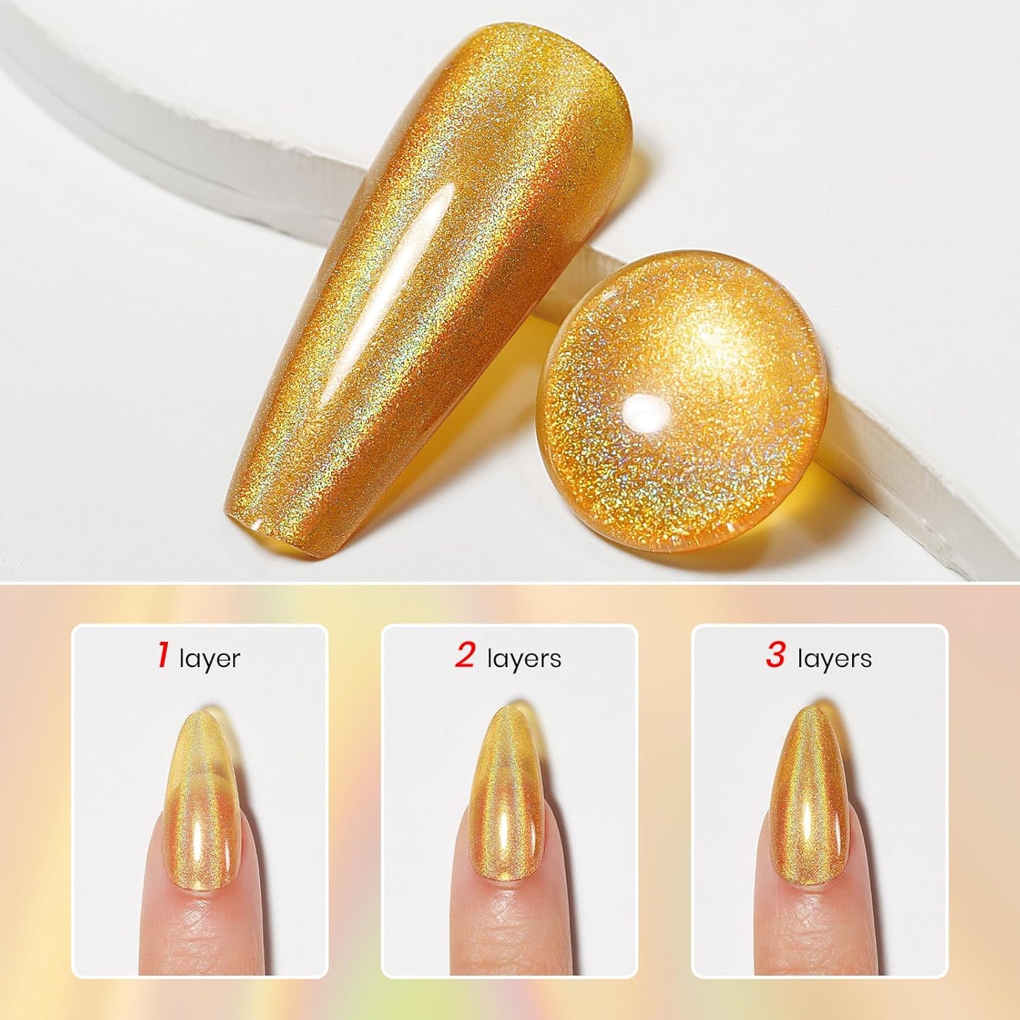 MIZHSE Holographic Nail Polish, Gold Glitter Nail Polish Air Dry Fast, 15 ml 0.5 fl oz High Glossy Shiny Nail Pigment Oil-based Laser Iridescent Chrome Halo Nail Art Salon Manicure Home