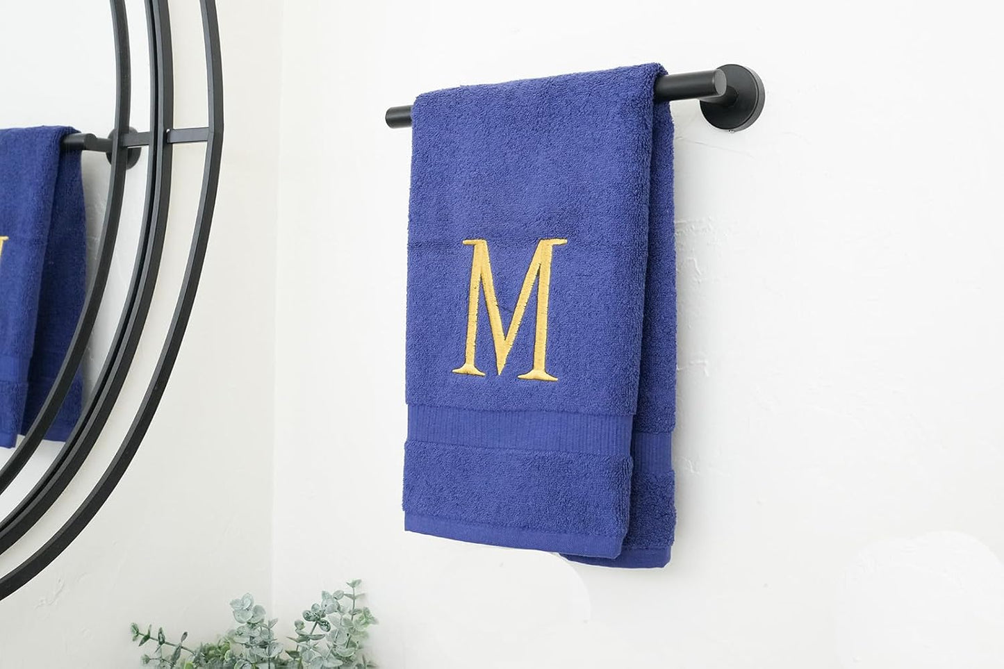 Navy Initial Hand Towel for Bathroom - Monogrammed Luxury Hotel Quality Decorative Embroidered Towel for Powder Room, Spa - GOTS Organic Certified - Pack of 2, Letter M