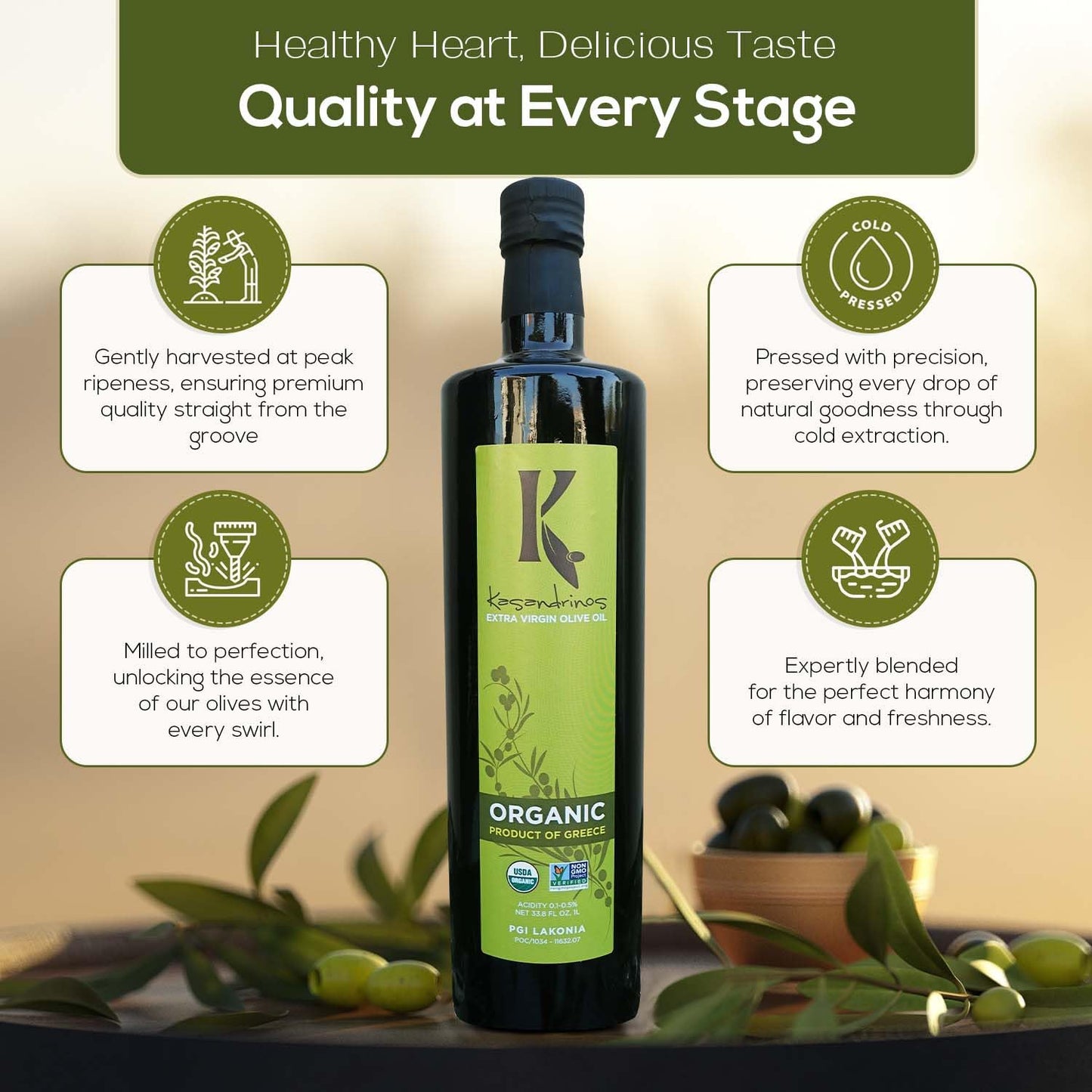 Kasandrinos Organic Olive Oil Extra Virgin, Polyphenol Rich Greek Olive Oil, 100% Organic First Cold Pressed, Mild + Delicate Flavor, Verified by Non GMO, 1 L / 33.8 oz (Pack of 4)