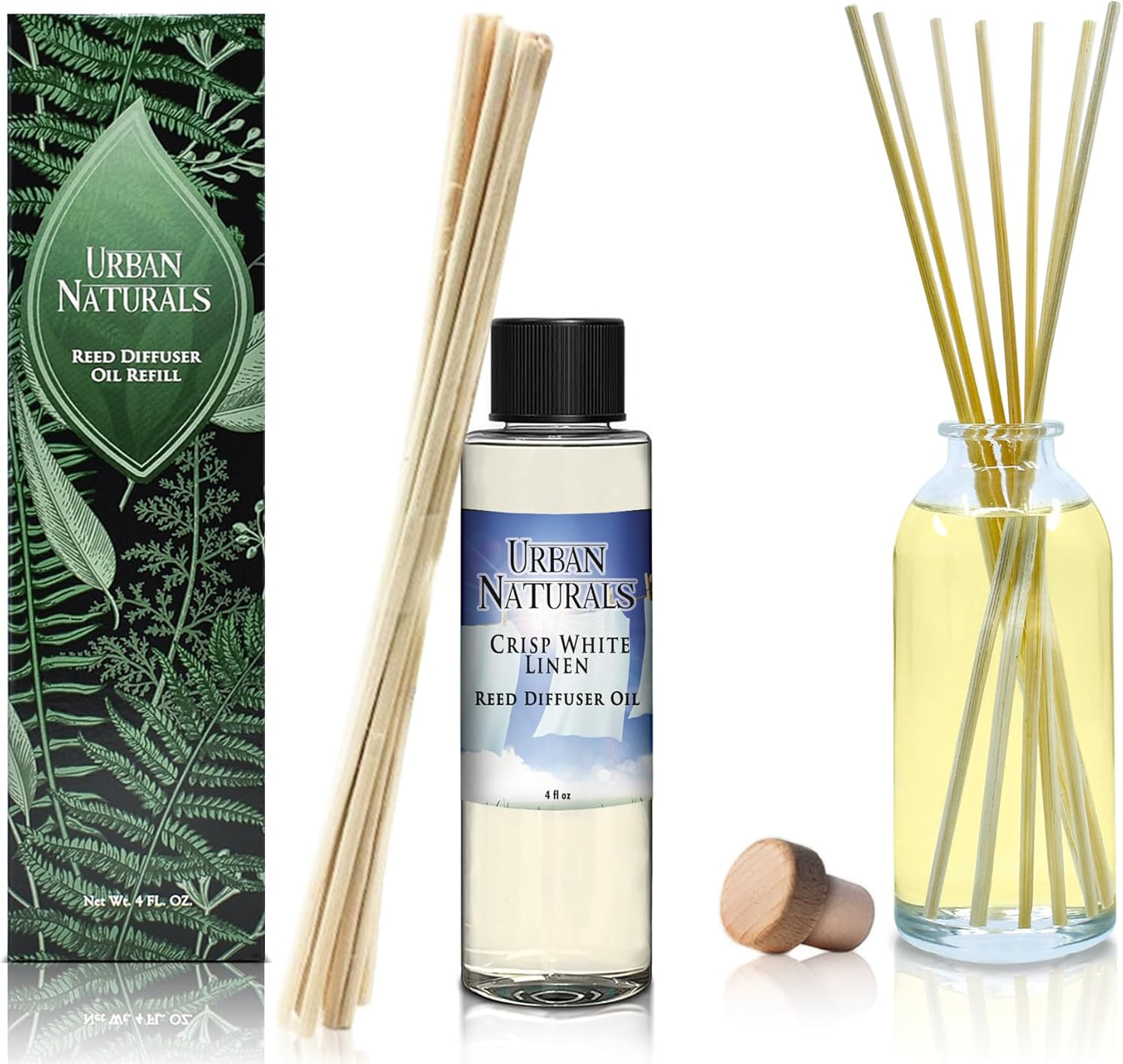 Urban Naturals Crisp White Linen Scented Oil Reed Diffuser Refill | Free Set of Reed Sticks! A Fresh, Clean Cotton Scent, 4 oz (2 Pack)