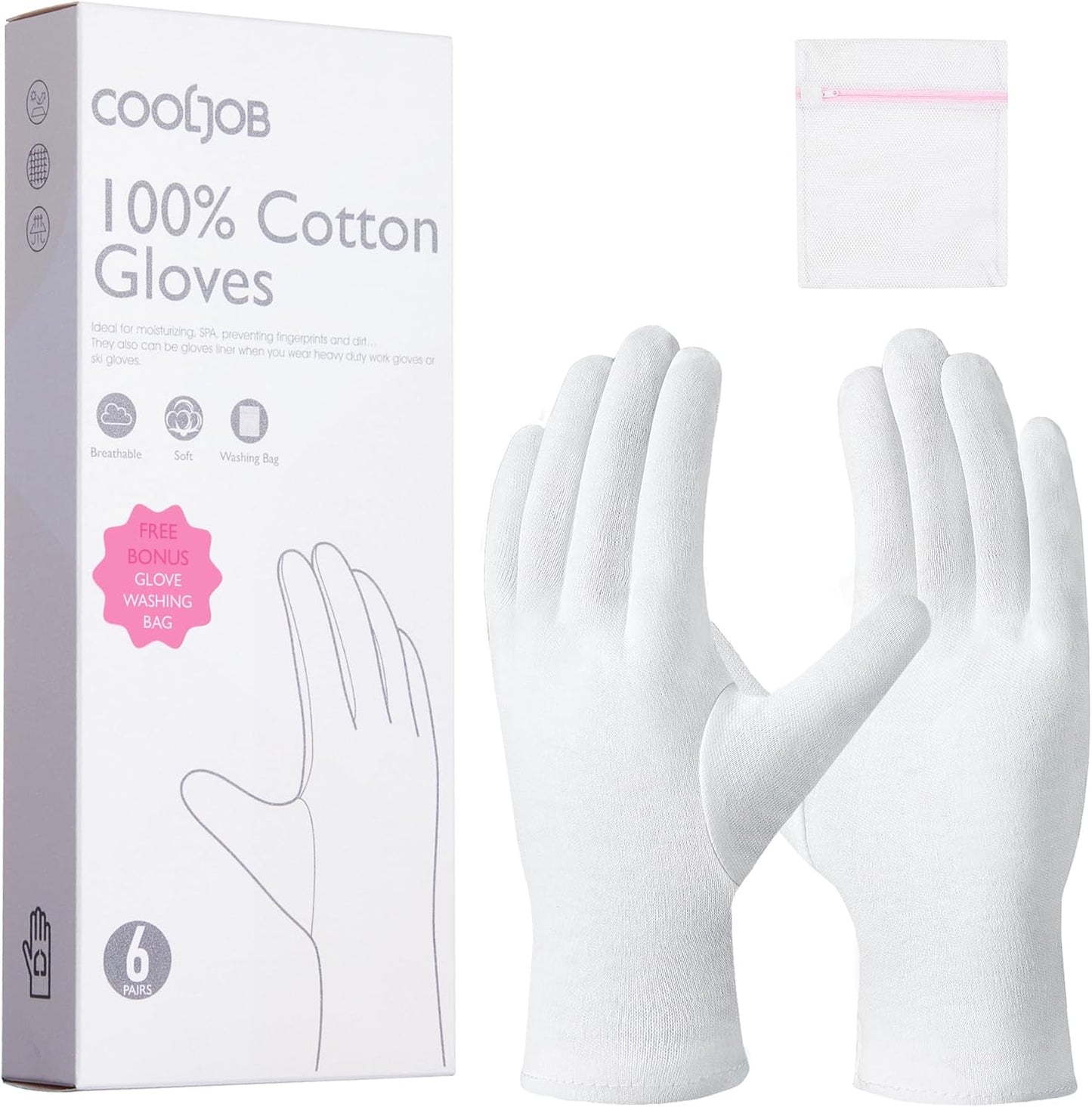 COOLJOB 6 Pairs 100% Cotton Gloves for Dry Hands Moisturizing & Eczema, Overnight Lotion, Sleep & Spa Treatment for Women & Men, Breathable Work Glove Liners, White, Small