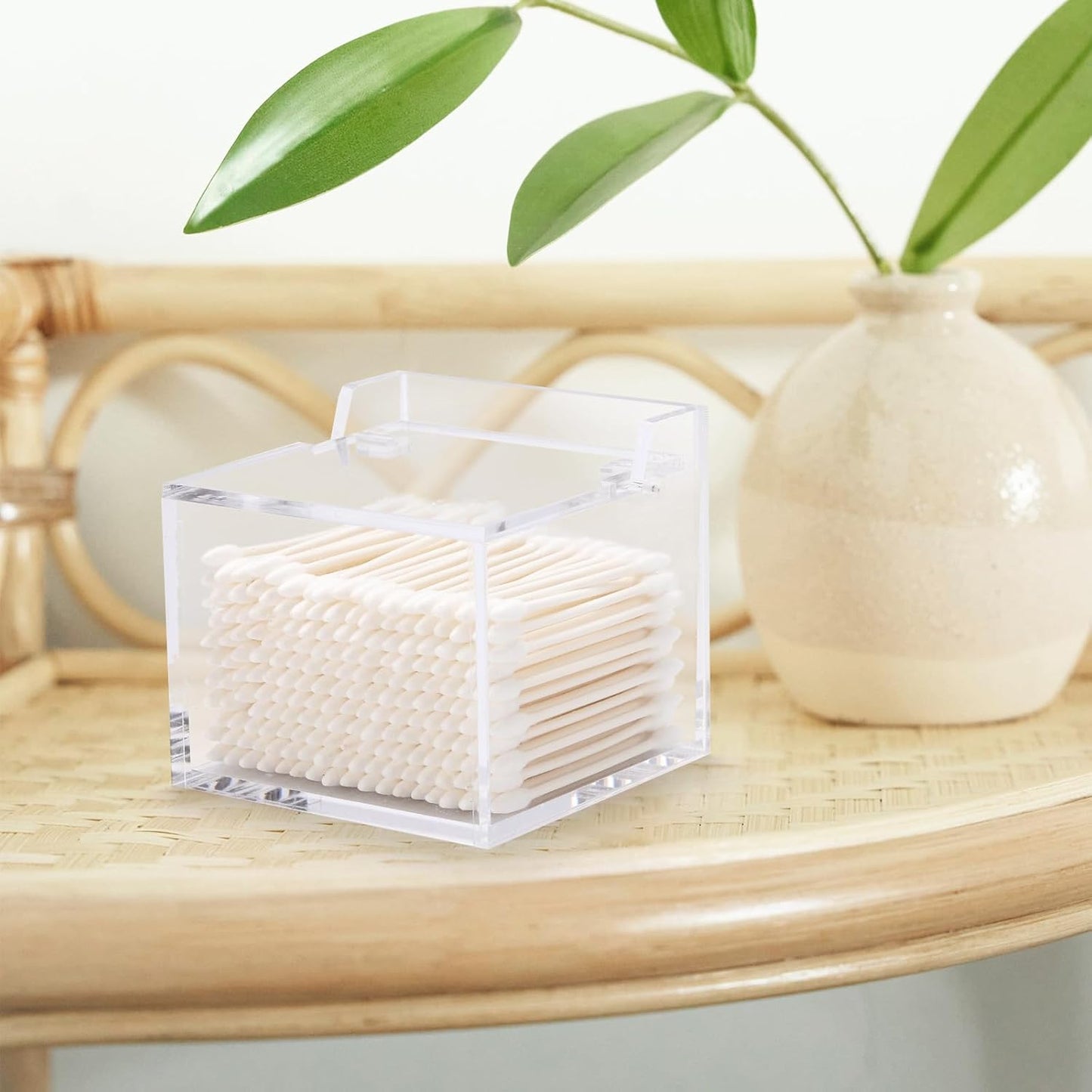 Tbestmax Qtip Holder with Lid, 4mm Thickness Cotton Ball Swab Organizer Acrylic Square Bathroom Containers Makeup Pad Cosmetic Storage - Clear