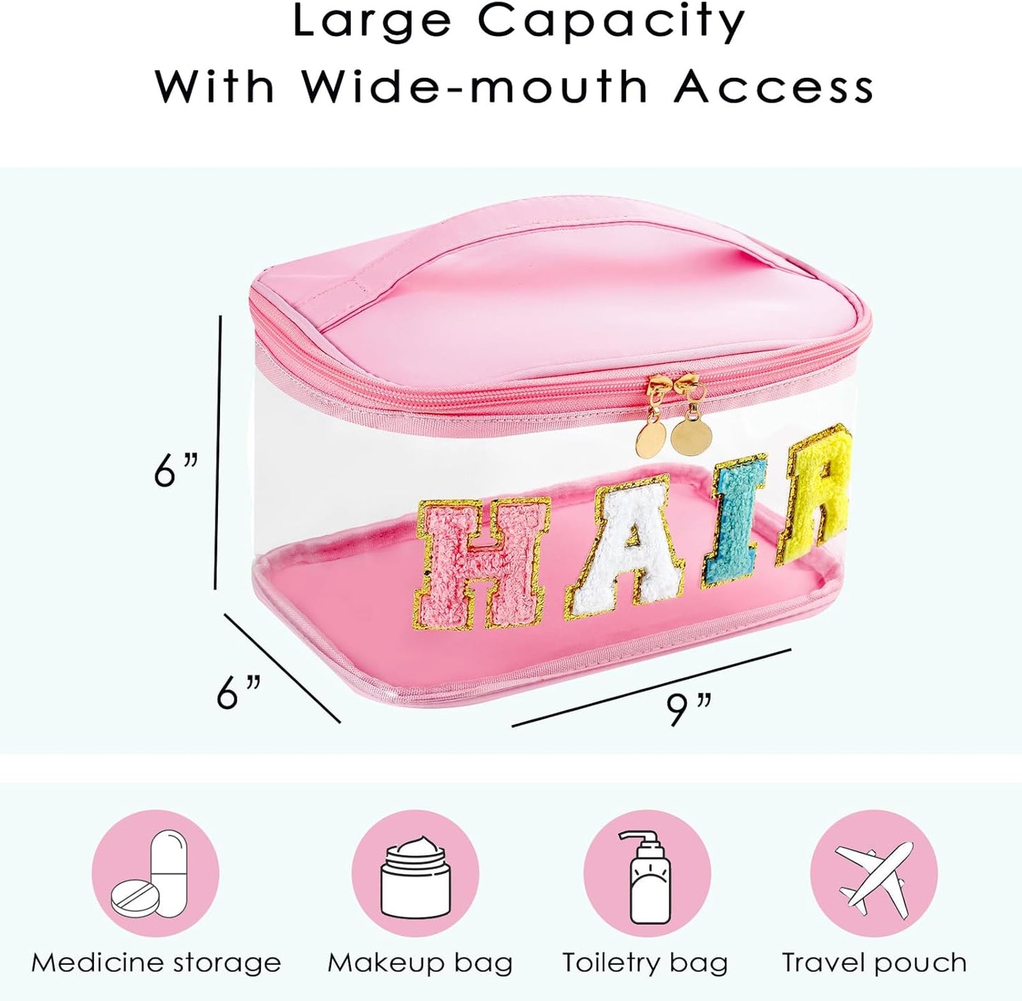 Personalized Chenille Letter Clear Hair Makeup Bag, Large Size Waterproof Nylon Cosmetic Toiletry Storage bag with Top Handle, Transparent Meds Hair Travel Organizer Cosmetic Bag(06Hair-Pink)