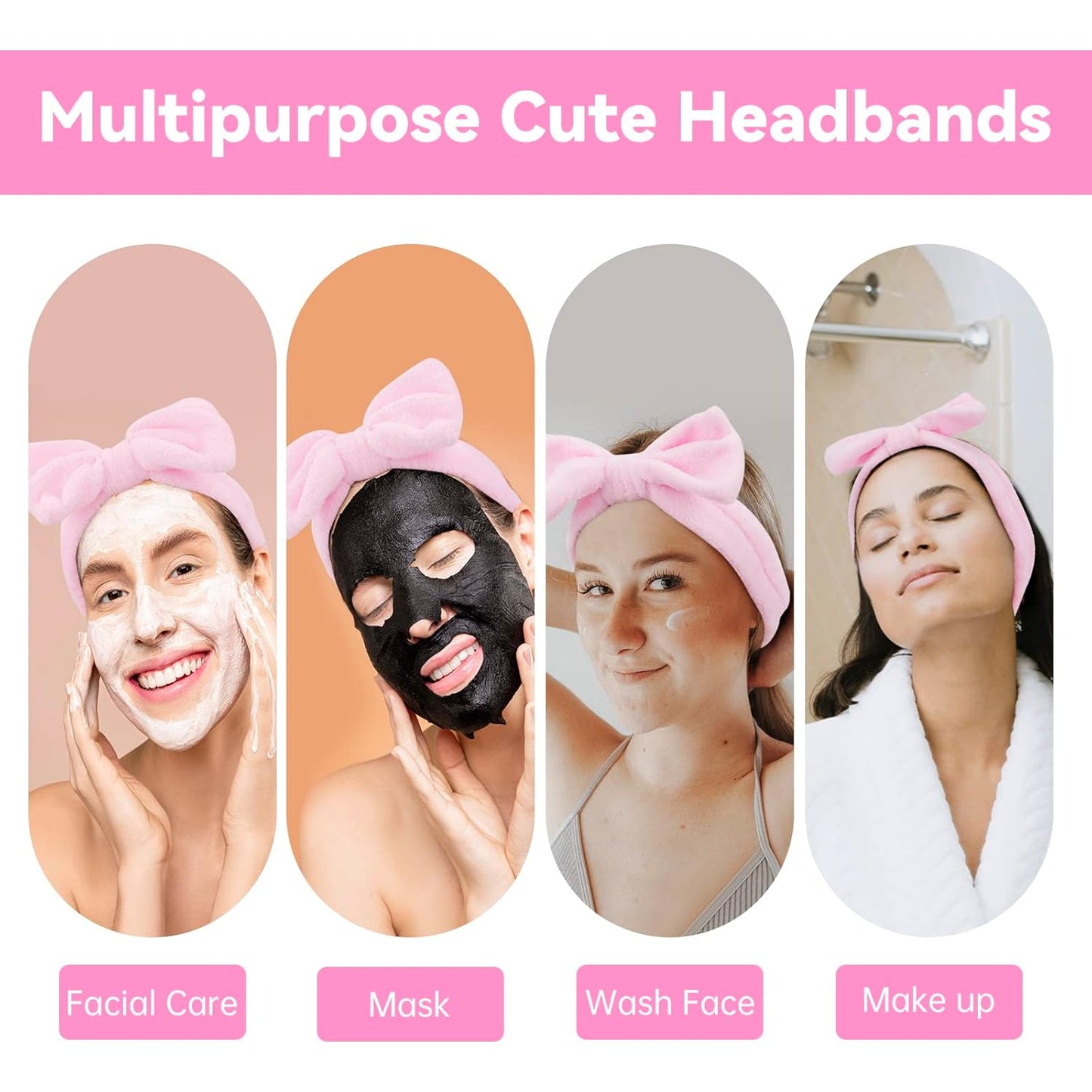 Ondder Spa Headband for Washing Face 8 Pack Pink Skincare Headbands for Women Girls Terry Cloth Cute Bow Head Bands