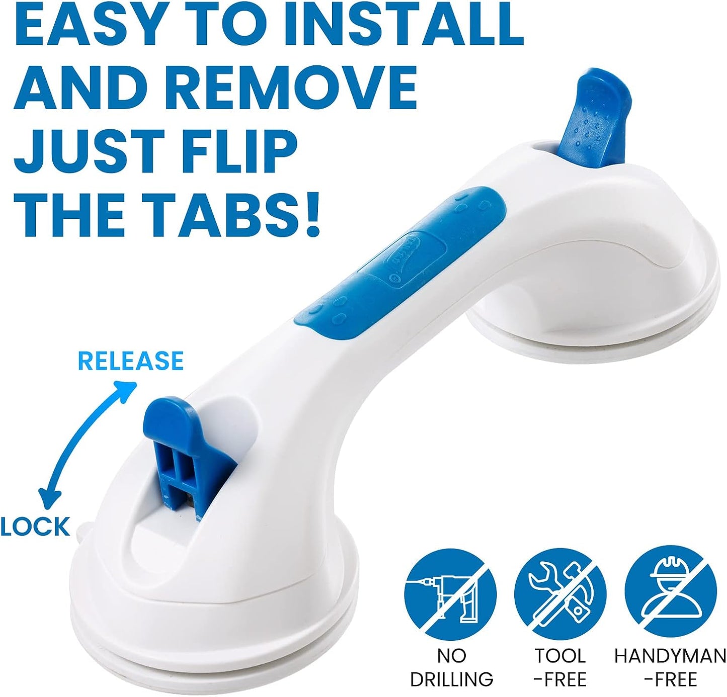 LEVERLOC Shower Grab Bar, 12 Inch Suction Grab Bars for Bathtubs, Shower Handle Handrail for Seniors Bathroom Safety Grip for Elderly, Heavy Duty No Drilling Removable,Blue