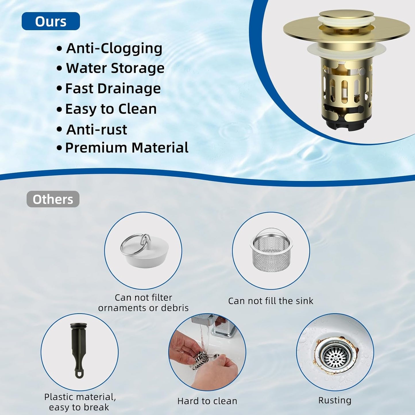 Hibbent 2 Pack Upgraded 3 in 1 Bathroom Sink Drain Strainer, Universal Pop Up Stopper with Removable Stainless Steel Filter Basket Hair Catcher, Sink Plug for 1.1''~2.36'' Basin, Brushed Gold