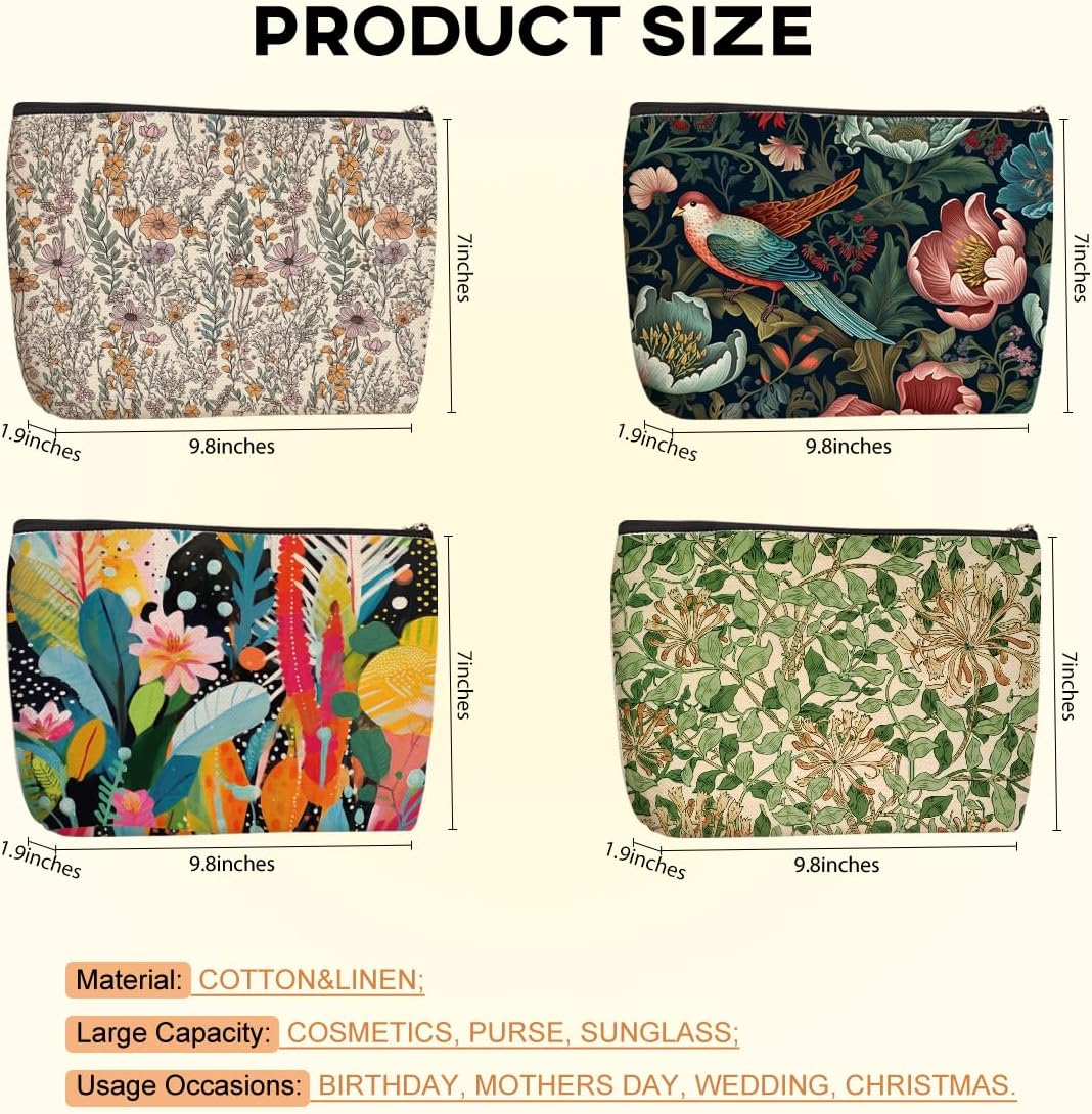 4 Pcs Cosmetic Bags for Women Makeup Bag, Thank You Gifts Christmas Birthday Friendship Gifts for Girls Friends Bestie Grandma Teacher Travel Toiletry Bag, Vintage Abstract Botanical Flower Bird