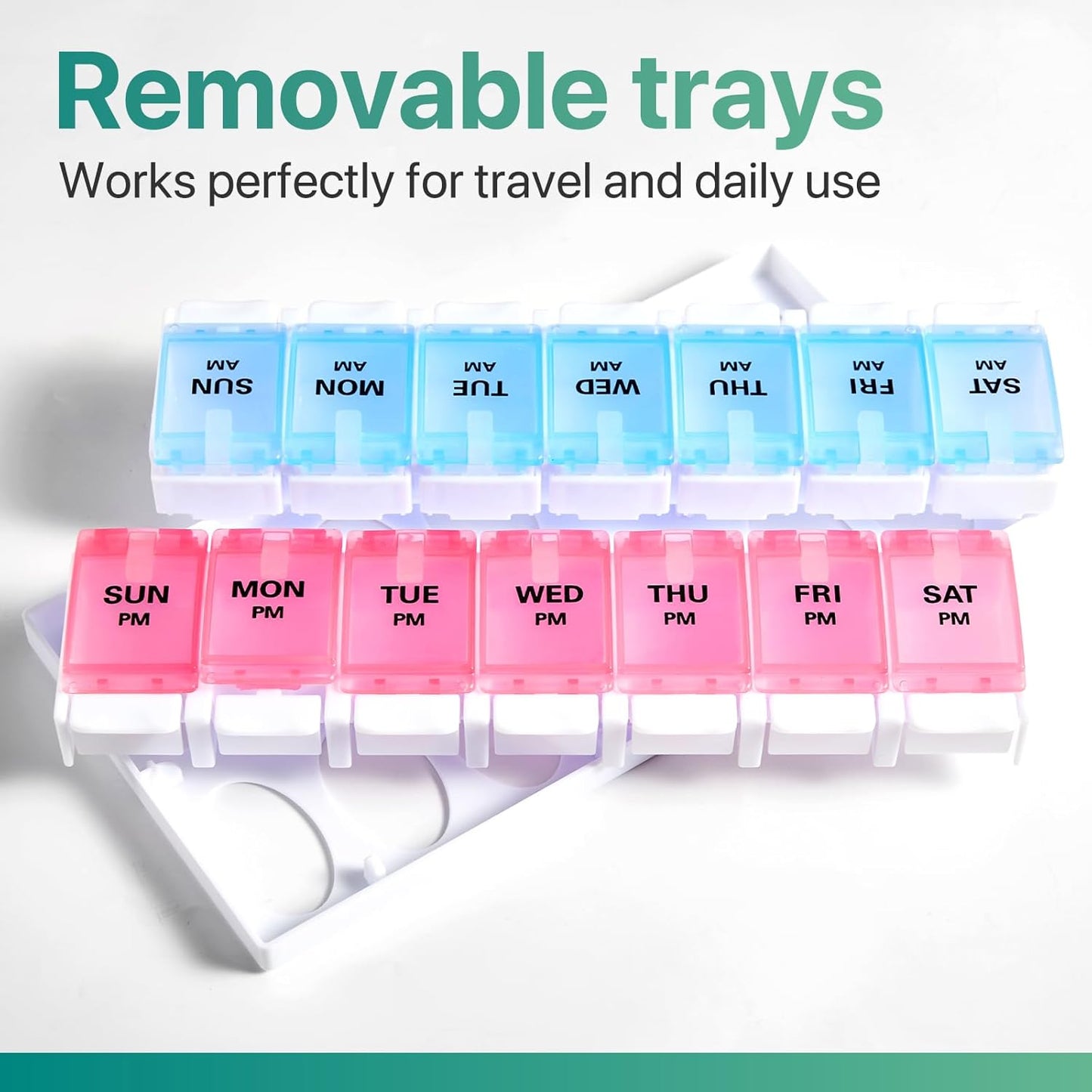 Sukuos Weekly Pill Organizer 7 Day 2 Times A Day, AM PM Medicine Pill Box with Easy Push Button, BPA Free Vitamin Cases for Fish Oil/Supplements, Easy to Clean (Red&Blue)