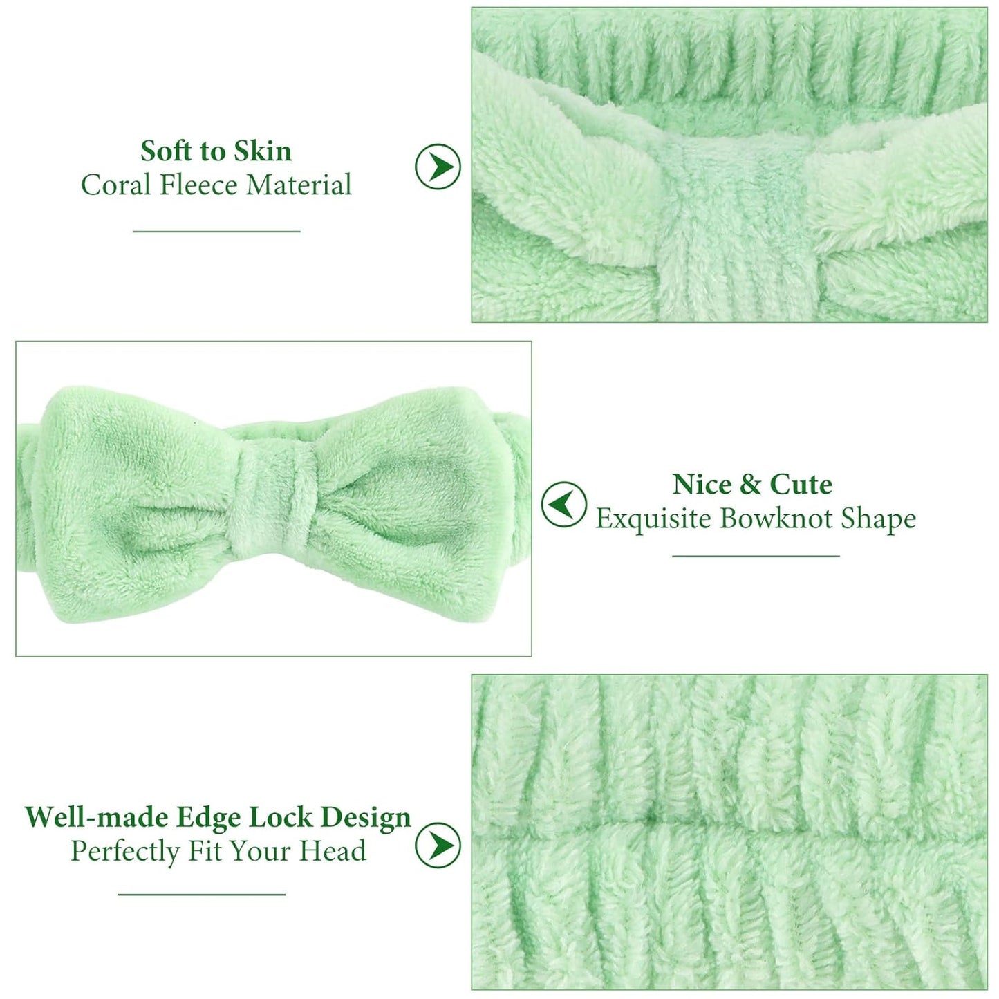 Ondder Green Spa Terry Cloth Skincare Headbands for Women - 8 Pcs Makeup Bow Hair Bands for Face Washing and Skin Care