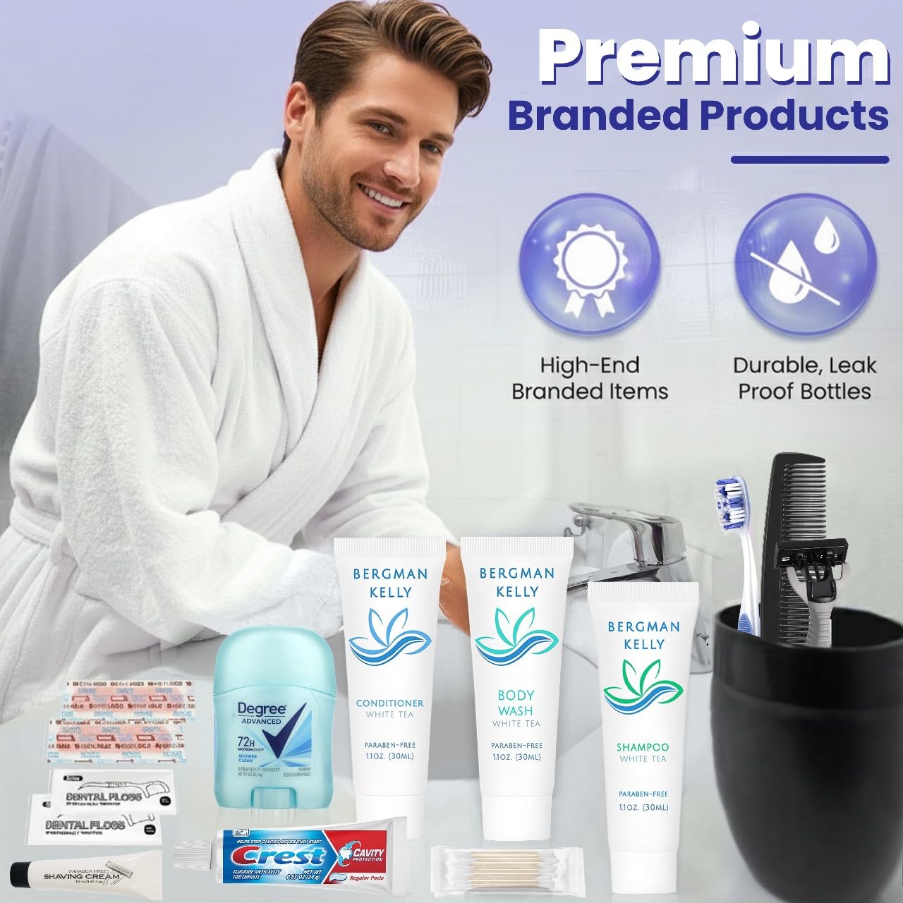 Trektote Bulk Hygiene Kit For Men – (100 Pack) 12 Piece Set Of Travel Size Toiletries, TSA Compliant, Bulk Travel Essentials, Includes Shampoo And Conditioner, Body Wash, Toiletry Bag & More