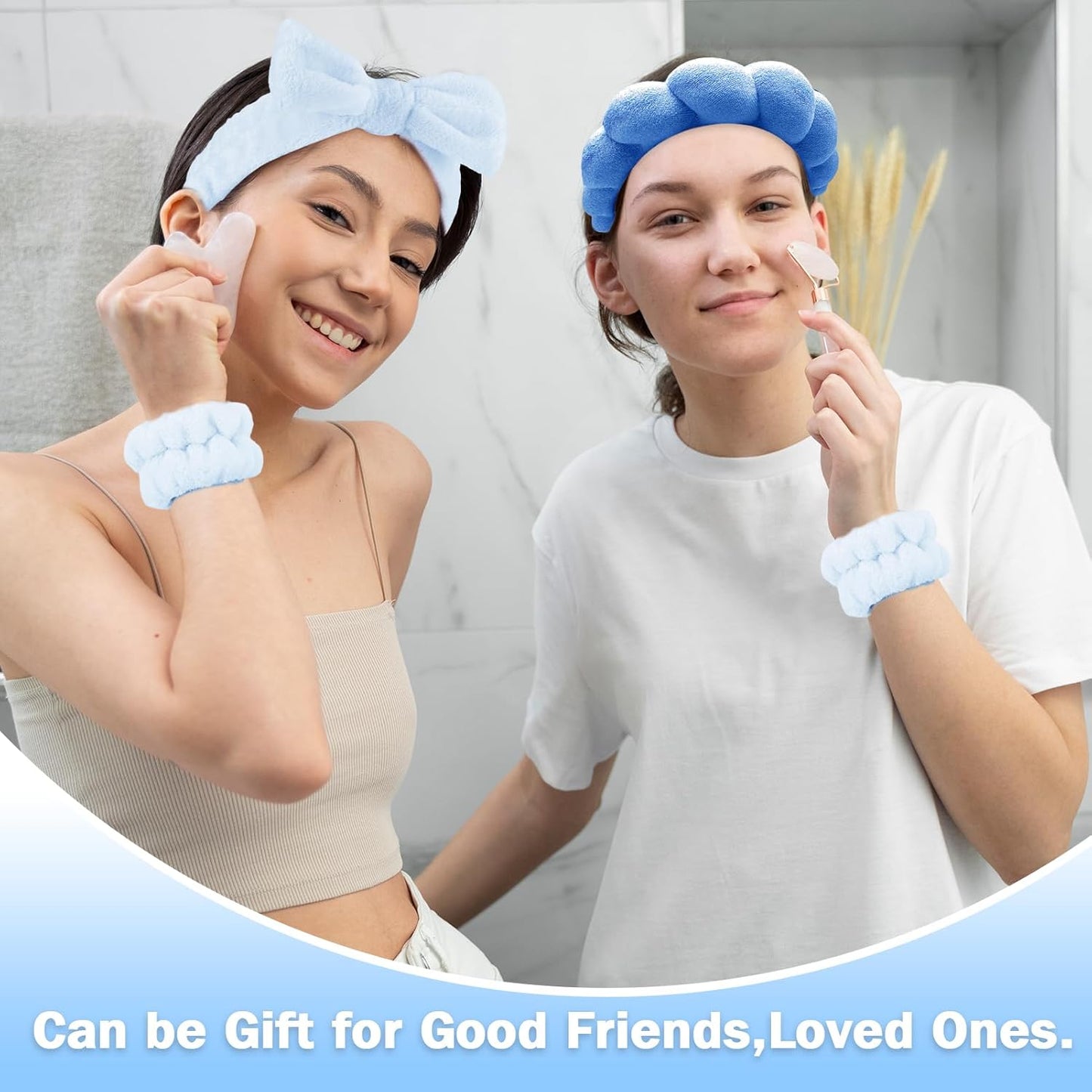 Zkptops 6Pcs Spa Headband for Washing Face Wristbands Set Women Bubble Skincare Makeup Sponge Terry Cloth Padded Puffy Headband Bow Tie Hairband Cute Non Slip Thick Hair Accessory Gifts(Dark Blue)
