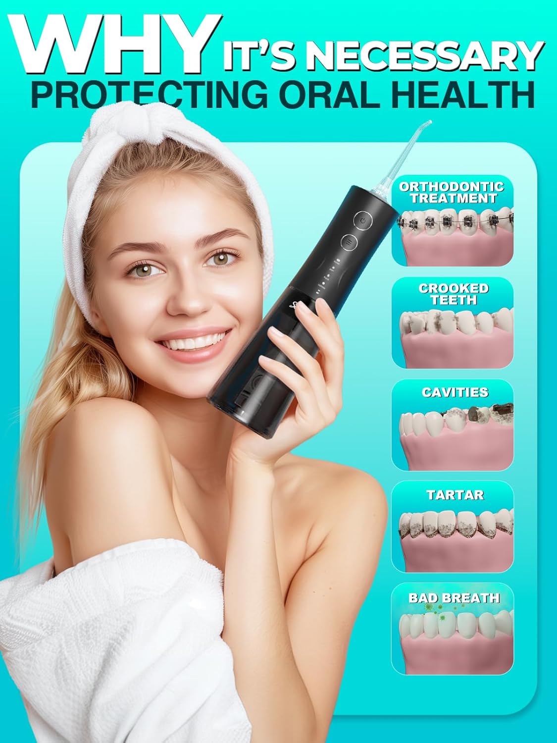 Portable Water Flosser for Teeth Pick - Cordless Electric Oral Irrigator for Adults & Sensitive Gums 300ML Braces Cleaning 5 Jet Tips, IPX7 Waterproof for Travel, Rechargeable BPA-Free 4 Modes