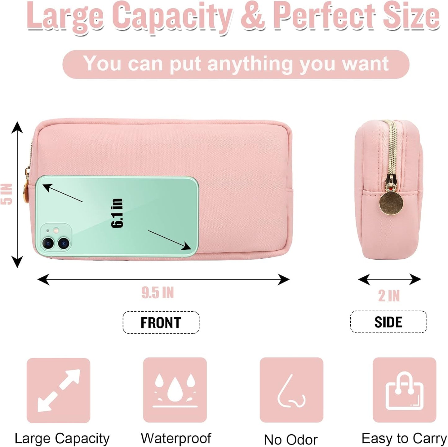 Nylon Small Makeup Bag for Purse, Cute Preppy Pink Makeup Bag Cosmetic Zipper Pouch Purse, Waterproof Portable Travel Toiletry Bag Clutch Makeup Brush Bag Organizer Storage for Women Men Girls(Pink)