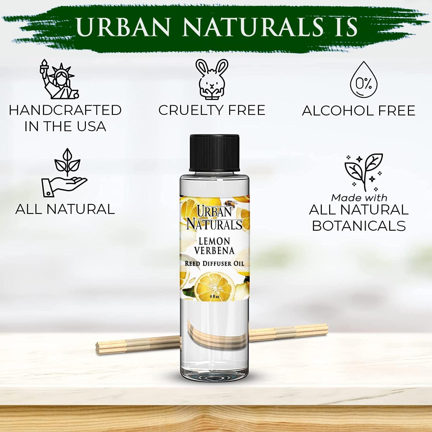 Urban Naturals Lemon Verbena Scented Oil Reed Diffuser Refill | Includes a Free Set of Reed Sticks, 4 oz (2 Pack)