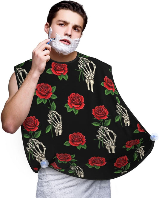 Beard Apron Hair Catcher, Black Goth Skull Skeleton Hand Holding Red Rose Shave Bib, Waterproof Non-Stick Shaving Bib, Trimming Grooming Tool for Dad Men Anniversary