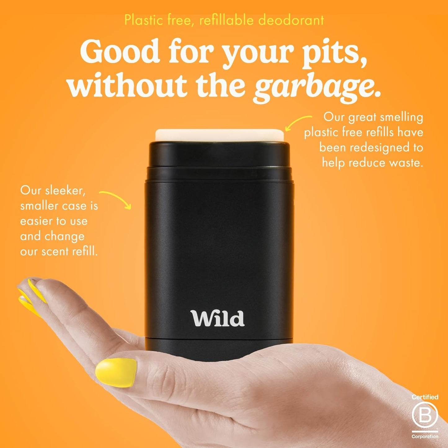 Wild Refillable Deodorant Starter Kit with Black Case and Honey & Cactus Flower Scented Refill 1.4oz - Aluminum Free - Long Lasting Protection - Vegan