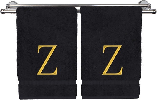 Monogrammed Hand Towel, Personalized Initial Gift, Extra Absorbent 100% Turkish Cotton - Soft Terry Finish - Set of 2 - Gold Block Initial Z - Embroidered on Black Towels