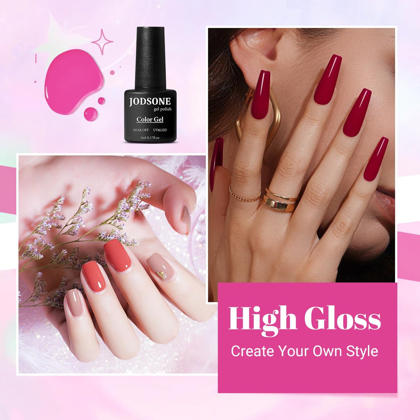 JODSONE 23 PCS Glitter Gel Polish with Soak off Base Coat Matte and Glossy Top Coat Glitter Red Pink Color High Shine and Fashion Gel Nail Polish Kit