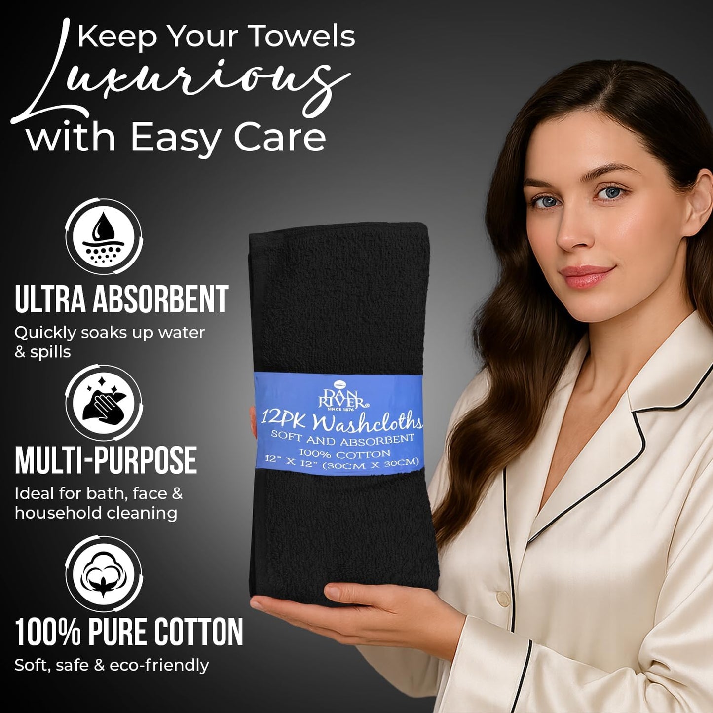 DAN RIVER 100% Cotton Wash Cloths 12 Pack [12x12] Soft & Absorbent washcloths for Showering, Gym, Hotels & Spa Perfect for Everyday Use Fingertip Towels, Black