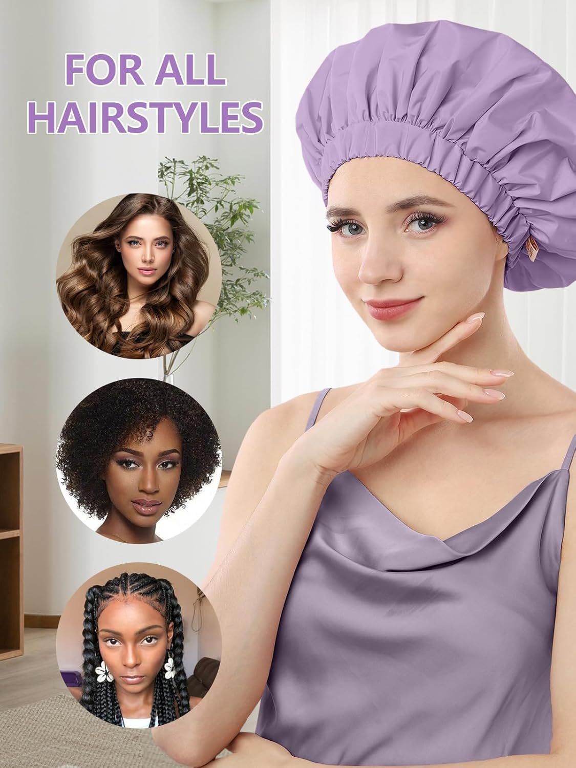 Years calm Reusable Waterproof Shower Caps for Women, Hair Caps for Showers, Double-Layer Elastic Design, for All Hairstyles, Travel-Friendly (Purple)