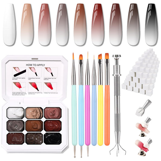 Sponge Pat Paint Nail Gel & Tools Kit, 9 Colors Ombre Nails Gradient Gel Nail Blush Blooming Aura Nails Drawing Stripper Floral Painting Nail Art, No Wipe, UV/LED Curing (9 Colors Set F)
