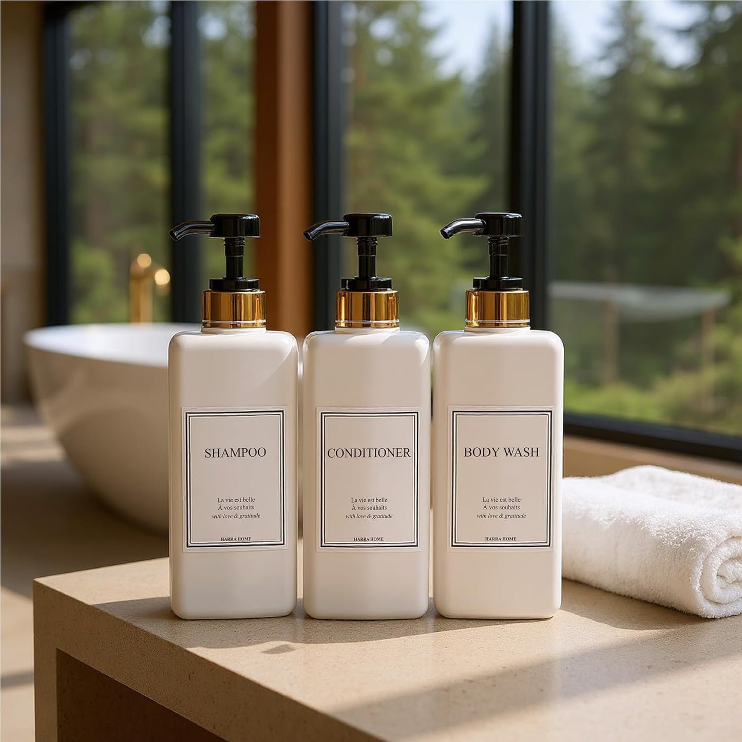 Modern Gold Design Large 27 oz Shampoo and Conditioner Dispensers - Empty Plastic Refillable Pump Bottle Set for Bathroom Shower Soap Dispenser, Set of 3 (Black)