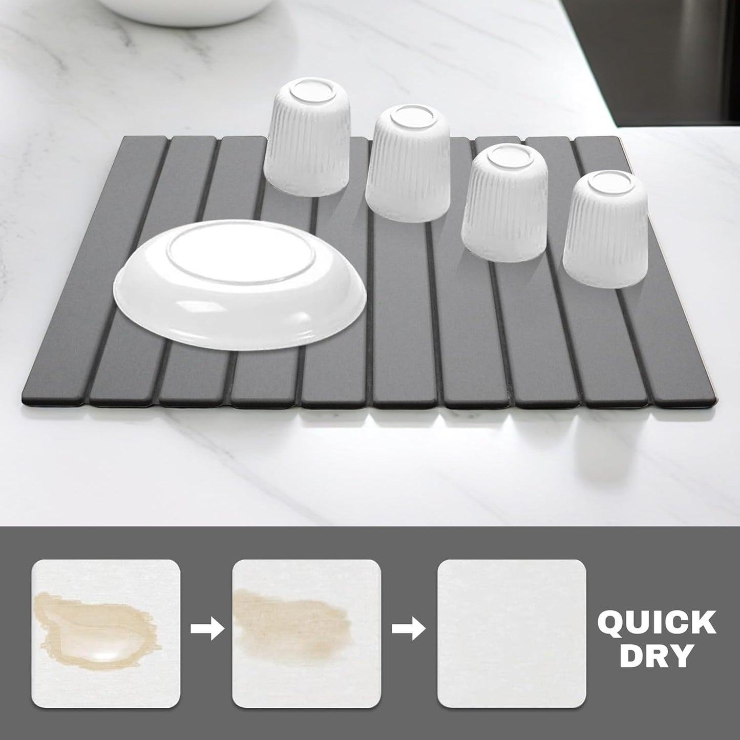 Stone Drying Mat for Kitchen Counter, Quick Dry Absorbent Collapsible Dish Drying Mat, Eco-Friendly Absorbent Diatomaceous Earth Mats for Dishes Bottles Cups Bathroom Any Counterop 24" x 15"