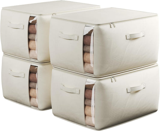 Large Canvas Clothes Storage Bags with Thick Handles and Clear Window, Foldable Cotton Linen Underbed Closet Organizer for Clothing, Blankets and Bedding, 60L, 4 Pack, Beige
