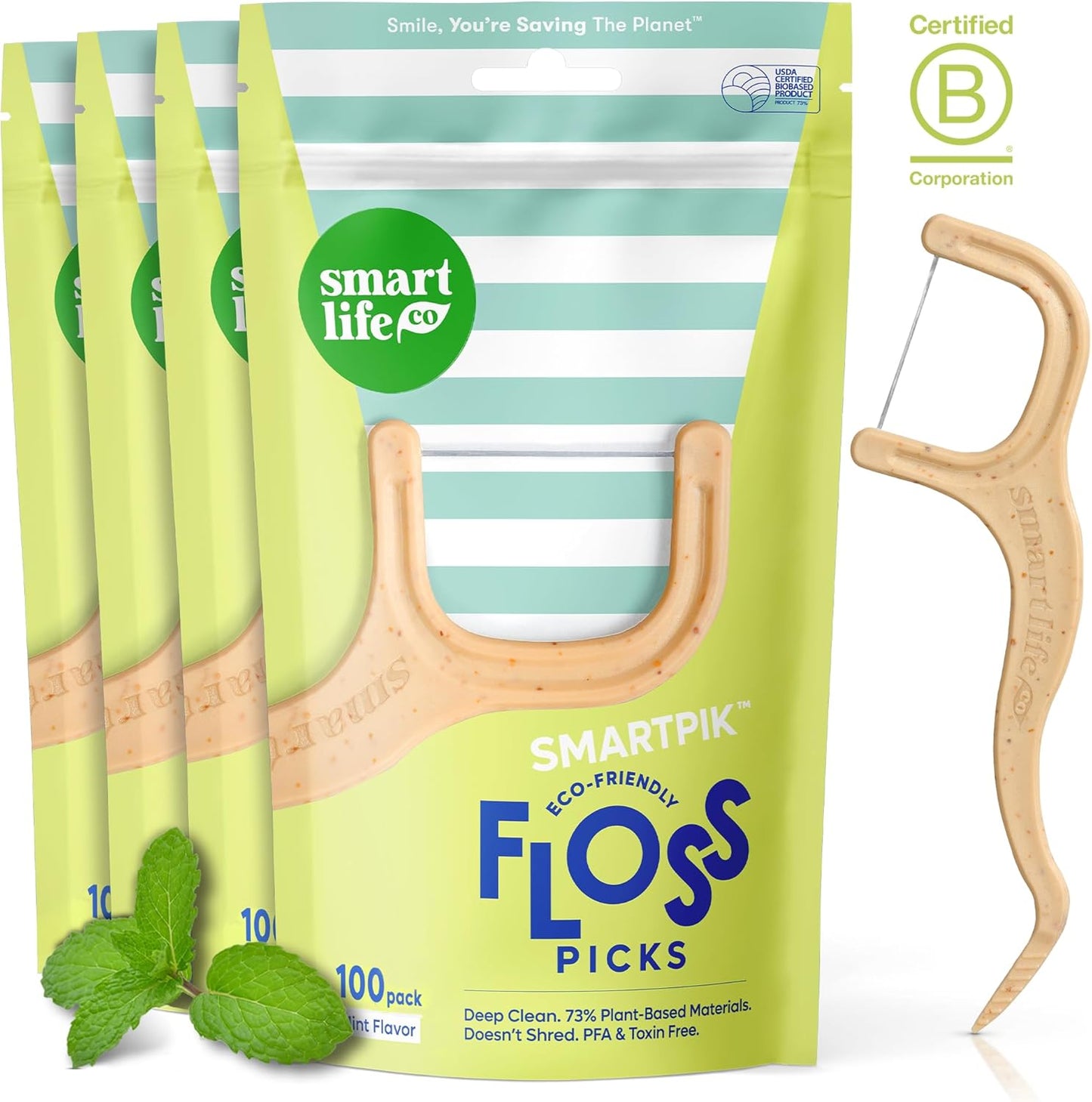 SmartLifeco Eco-Friendly Dental Floss Picks (400ct) - Flossers Made with Straw Wheat Blend, Superior Anti-Shred Thread for Tight Gaps, Tooth Pick Stick for Adults, Soft on Gum & Teeth, Vegan, Mint