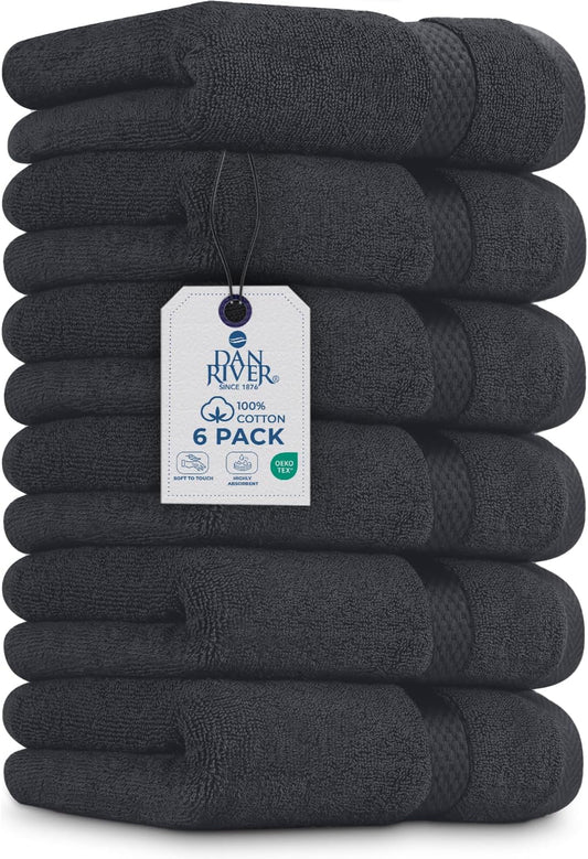 DAN RIVER 6-Pack Premium Hand Towels (16x28 Inches) - 100% Cotton, Ultra Soft, Lightweight, Highly Absorbent Towels for Bathroom, Spa, Gym, Salon, Hotel, and Travel - 550 GSM – Dark Gray