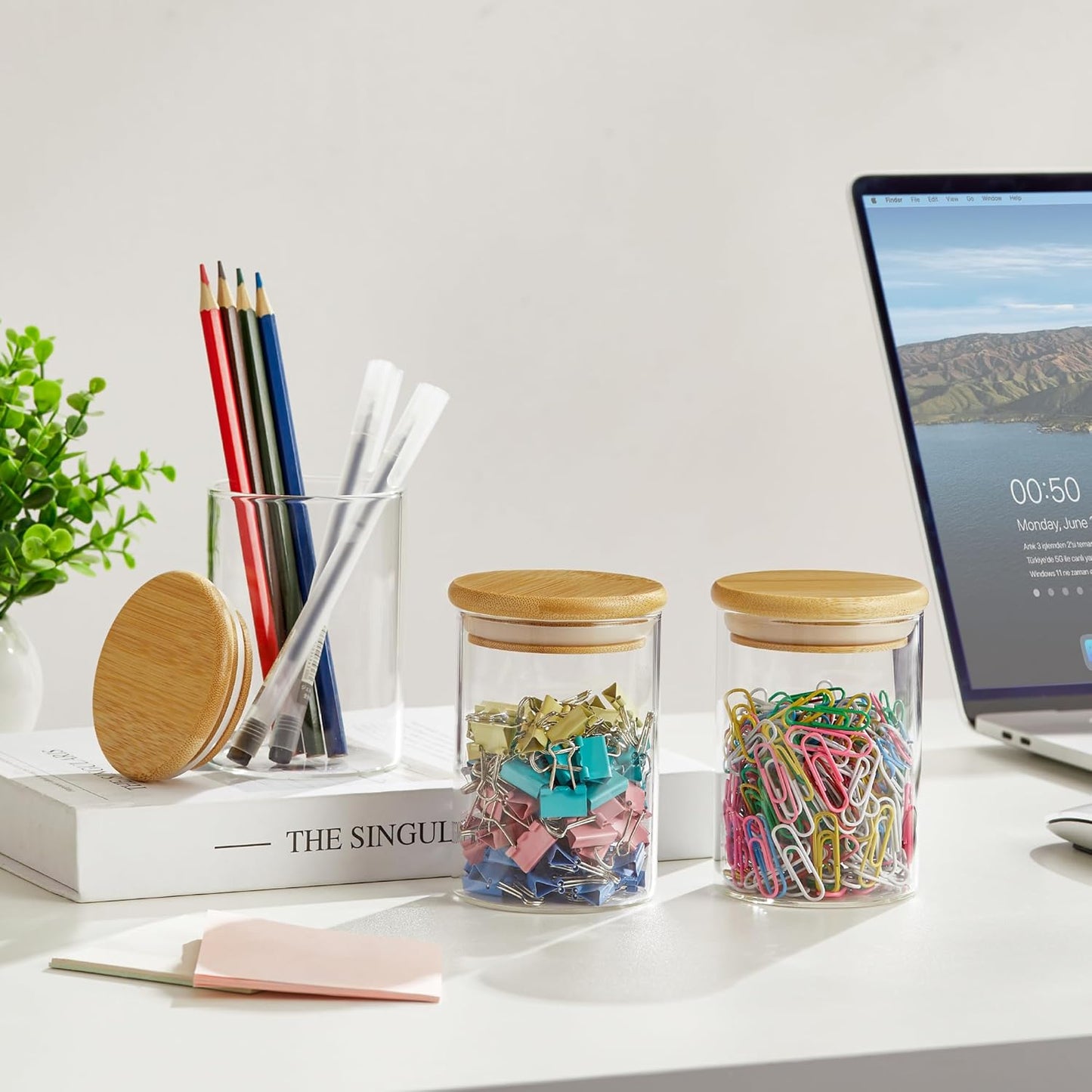 2 Pack Qtip Holder Dispenser - Glass Apothecary Jars with Lids, Cotton Ball Pad Swab Round Holder, Bamboo Bathroom Accessories, Bathroom Organizers Containers Jars Canisters with Lids