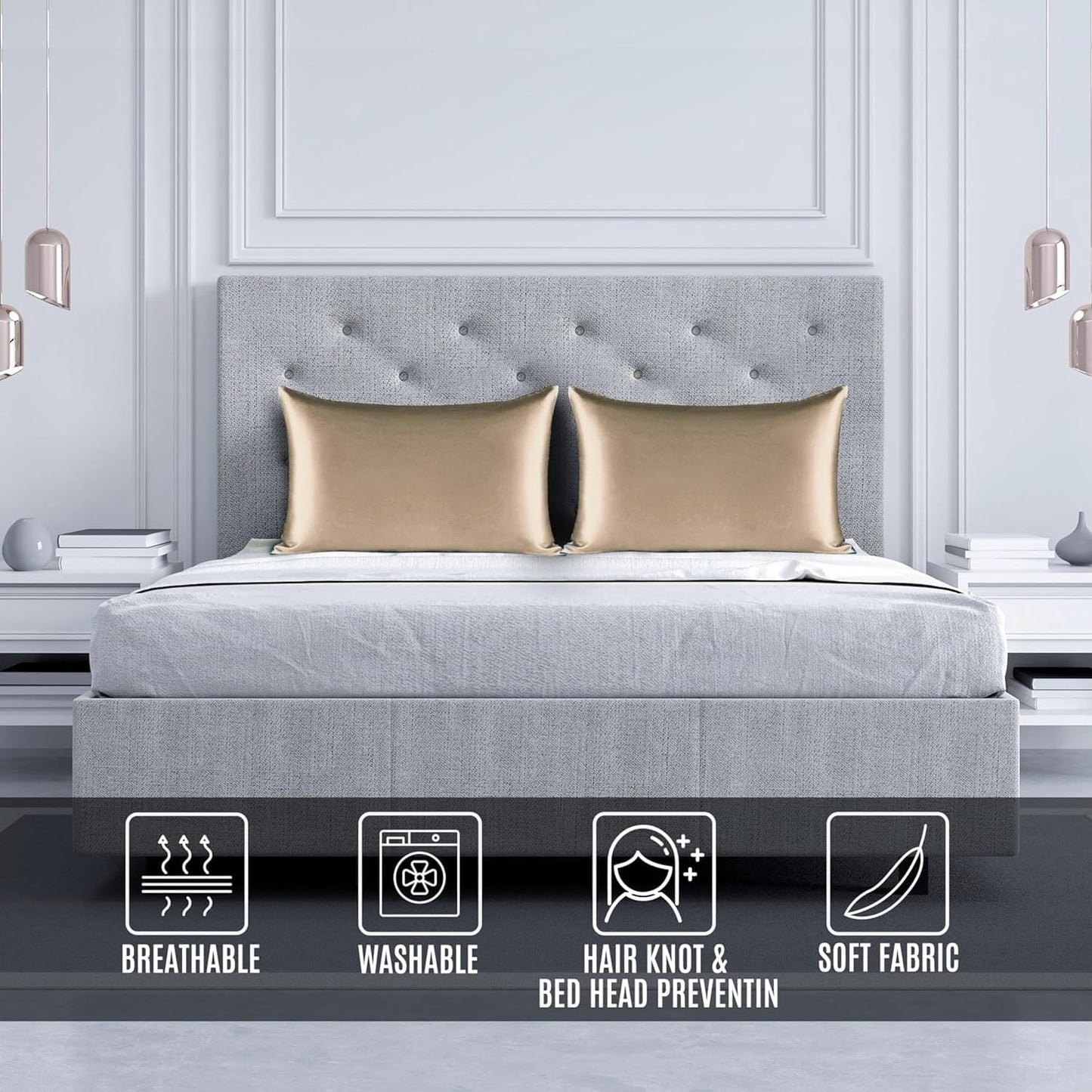 Satin Silk Pillowcase for Hair and Skin, Black Pillow Cases Standard Size Set of 4 Pack Super Soft Pillow Case with Zipper Closure (Camel, Queen(4 Pack))