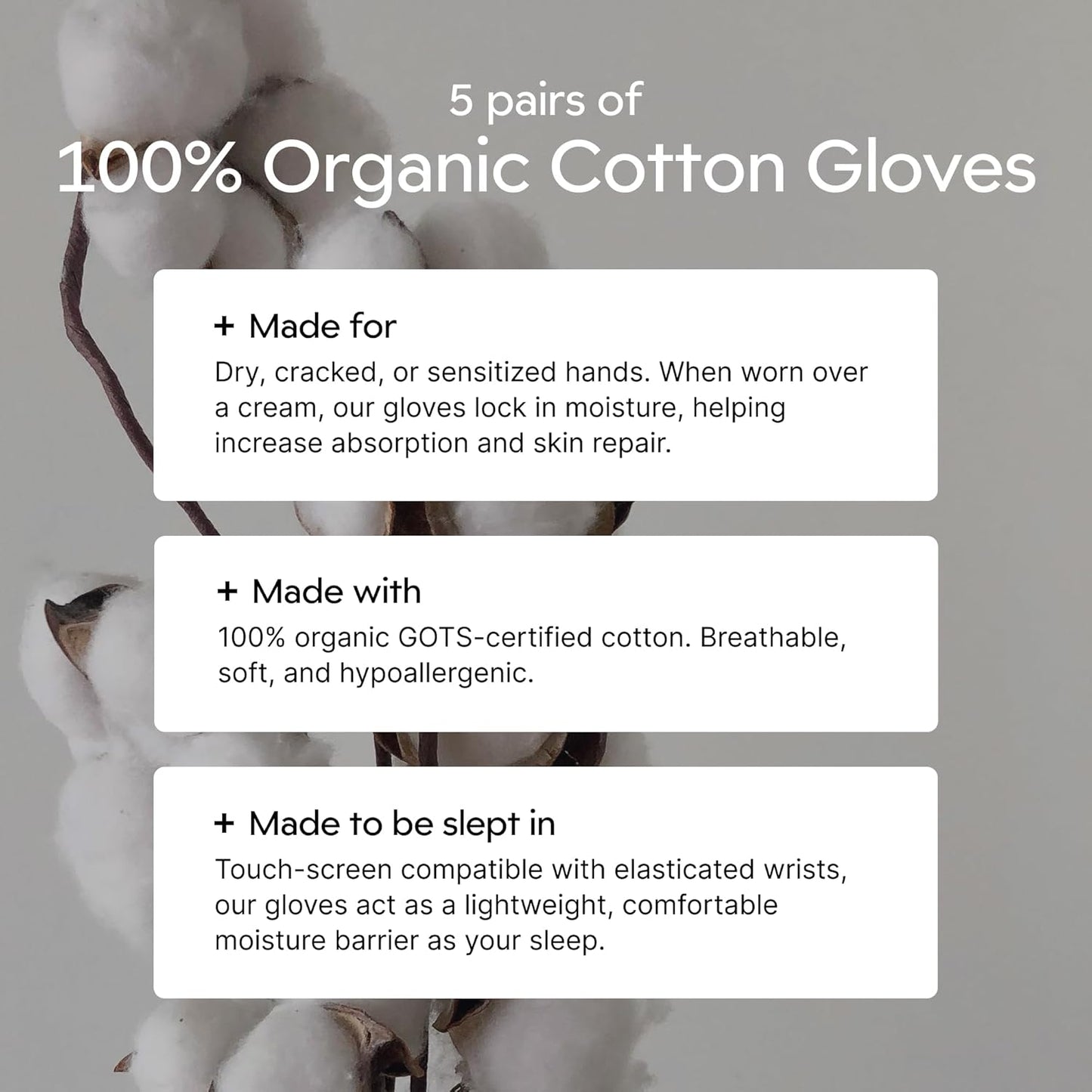 Clearbody Organics Organic Cotton Gloves - 5 Pairs, Large, White - White Cotton Gloves for Sensitive Skin - Hydration Barrier for Dry Hands