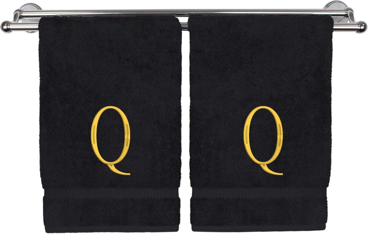 Monogrammed Hand Towel, Personalized Initial Gift, Extra Absorbent 100% Turkish Cotton - Soft Terry Finish - Set of 2 - Gold Block Initial Q - Embroidered on Black Towels