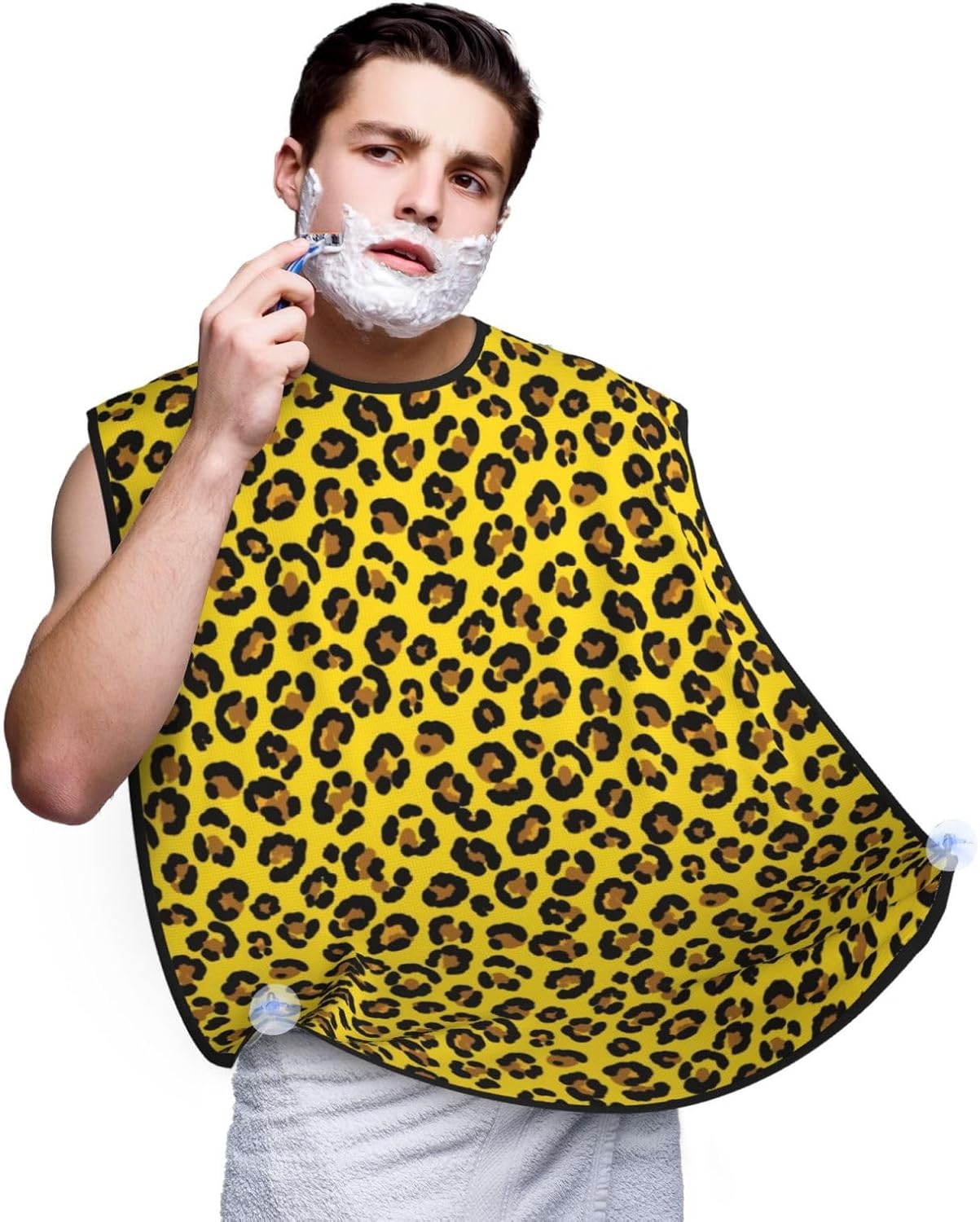 Beard Bib with 3 Suction Cups, Non-Stick Waterproof Hair Catcher Apron, Men's Shaving Essential for Grooming, Cheetah Yellow Leopard Print Shave Bib