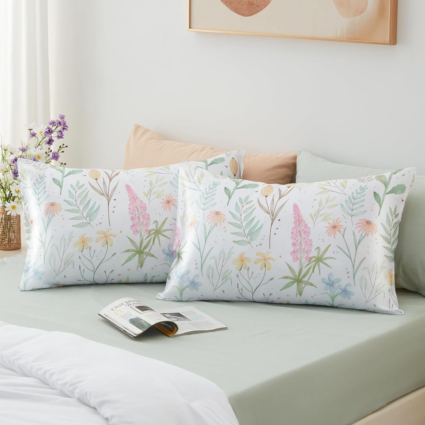 EXQ Home Satin Pillowcase for Hair and Skin- Multicolor Printed Flower Silk Pillowcase 2 Pack 20x26 inches - Standard Size Pillow Cases with Envelope Closure, Gifts for Women