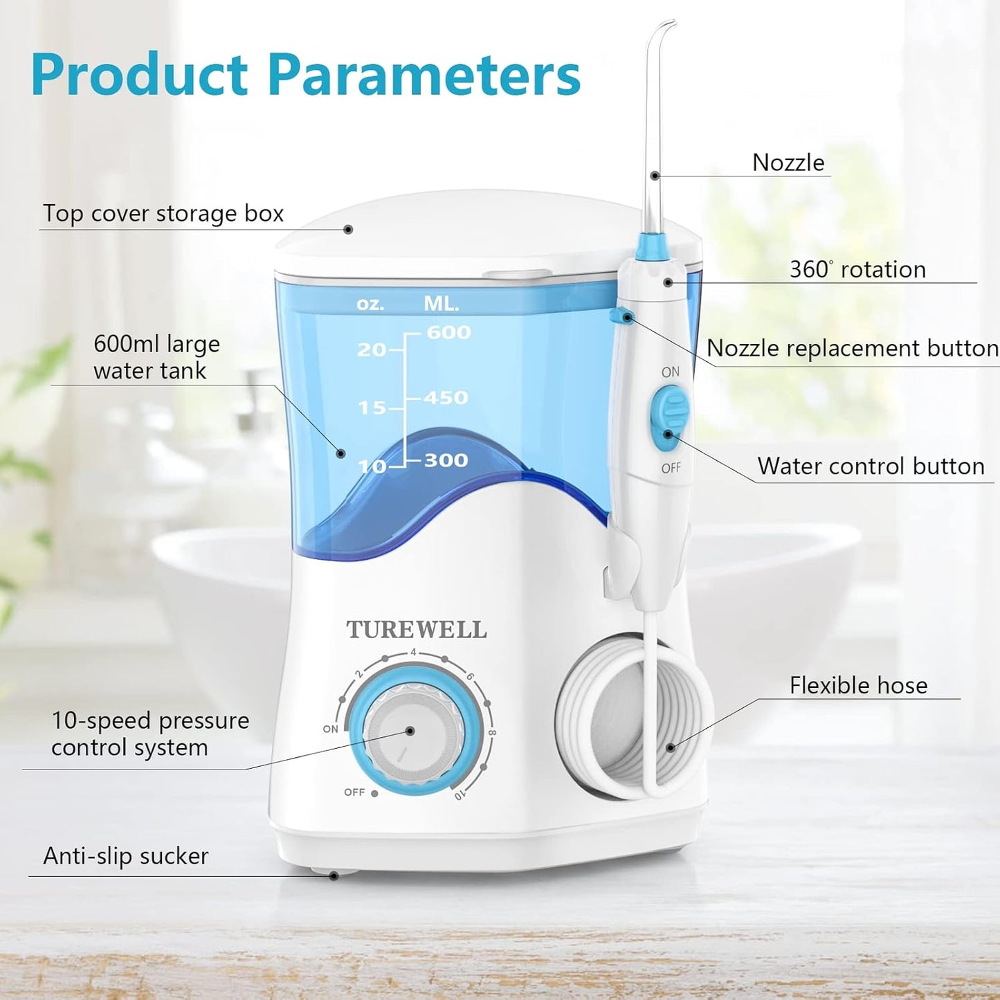 TUREWELL Water Dental Flosser for Teeth/Braces, Water Teeth Cleaner 8 Jet Tips and 10 Pressure Levels, 600ML Large Water Tank Oral Irrigator for Family(White)