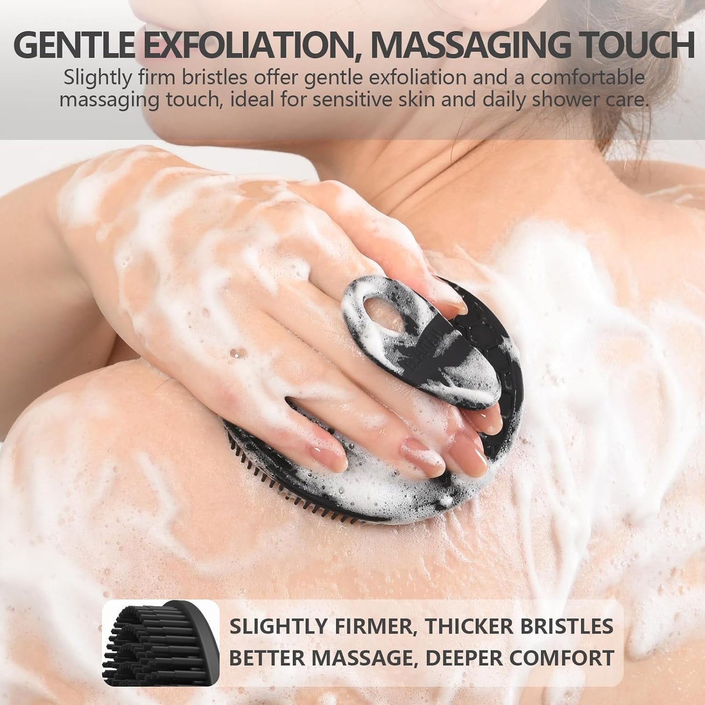 Silicone Body Scrubber with Scrub Net Set, BEAUTAIL 2 Pack for Rich Lather, Deep Cleansing, and Exfoliation – Durable, Easy to Clean, Gentle or Firmer Options – 1 Shower Brush Black, 1 Scrub Net Gray