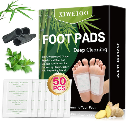 Foot Pads Kit 50 Pack Foot Pads, Ginger Oil Bamboo Charcoal, Foot Care Patch Message Deep Cleansing for Stress Relief, Better Rest, Feet Health Patches, Relaxing Muscles Set