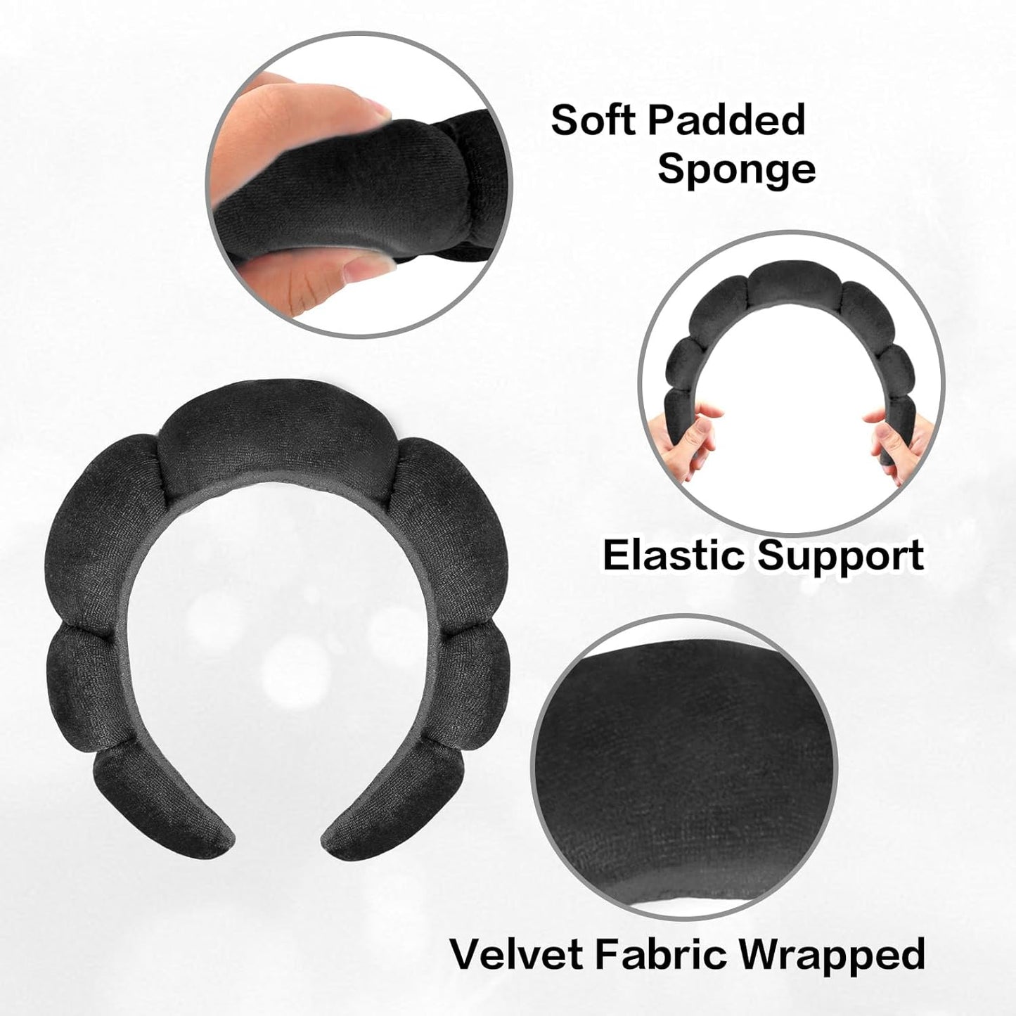CAVETEE Spa Headband for Washing Face, Sink Care Headband for Women Sponge Bubble Makeup Head band for Women, Soft Velour Hair Accessoriesfor Girls (Black, one size)