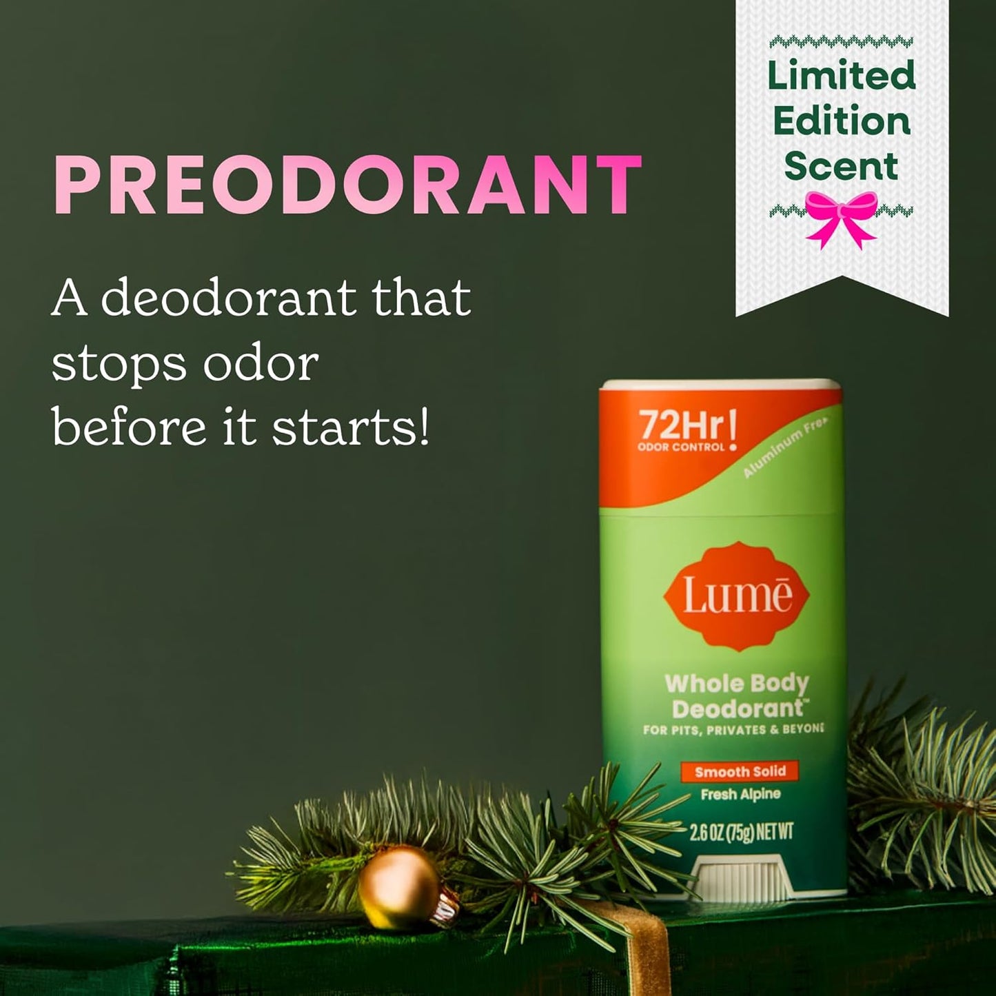 Lume Whole Body Deodorant - Smooth Solid Stick - 72 Hour Odor Control - Doctor Developed - Aluminum Free, Baking Soda Free and Skin Loving - 2.6 Ounce (Pack of 2) (Fresh Alpine)