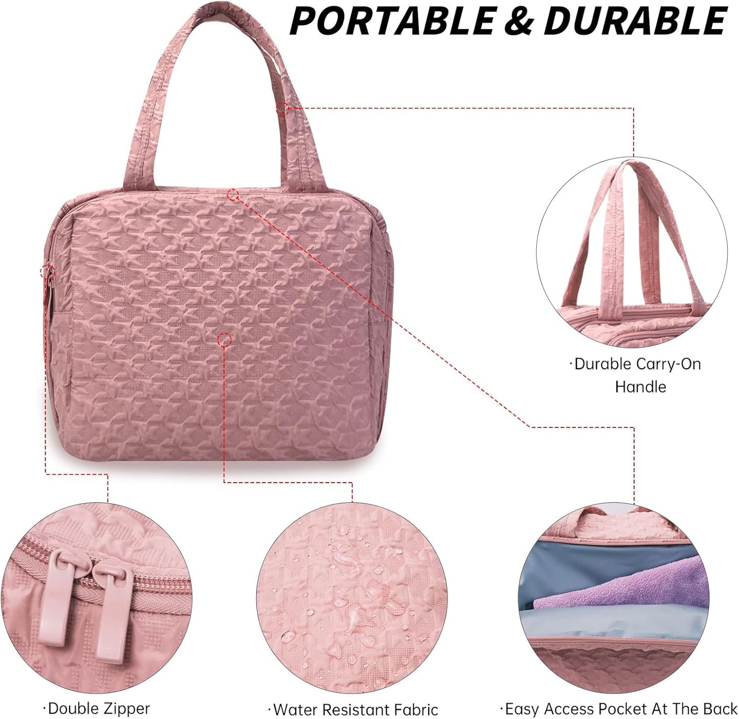 SUNRISING Travel Toiletry Bag，Large Toiletry Bag for Women，Water-Resistant Cosmetic Makeup Bag Organizer with Handle，Travel Toiletries Skincare Organizer Dopp Kit Bag for Accessories Essentials- Pink