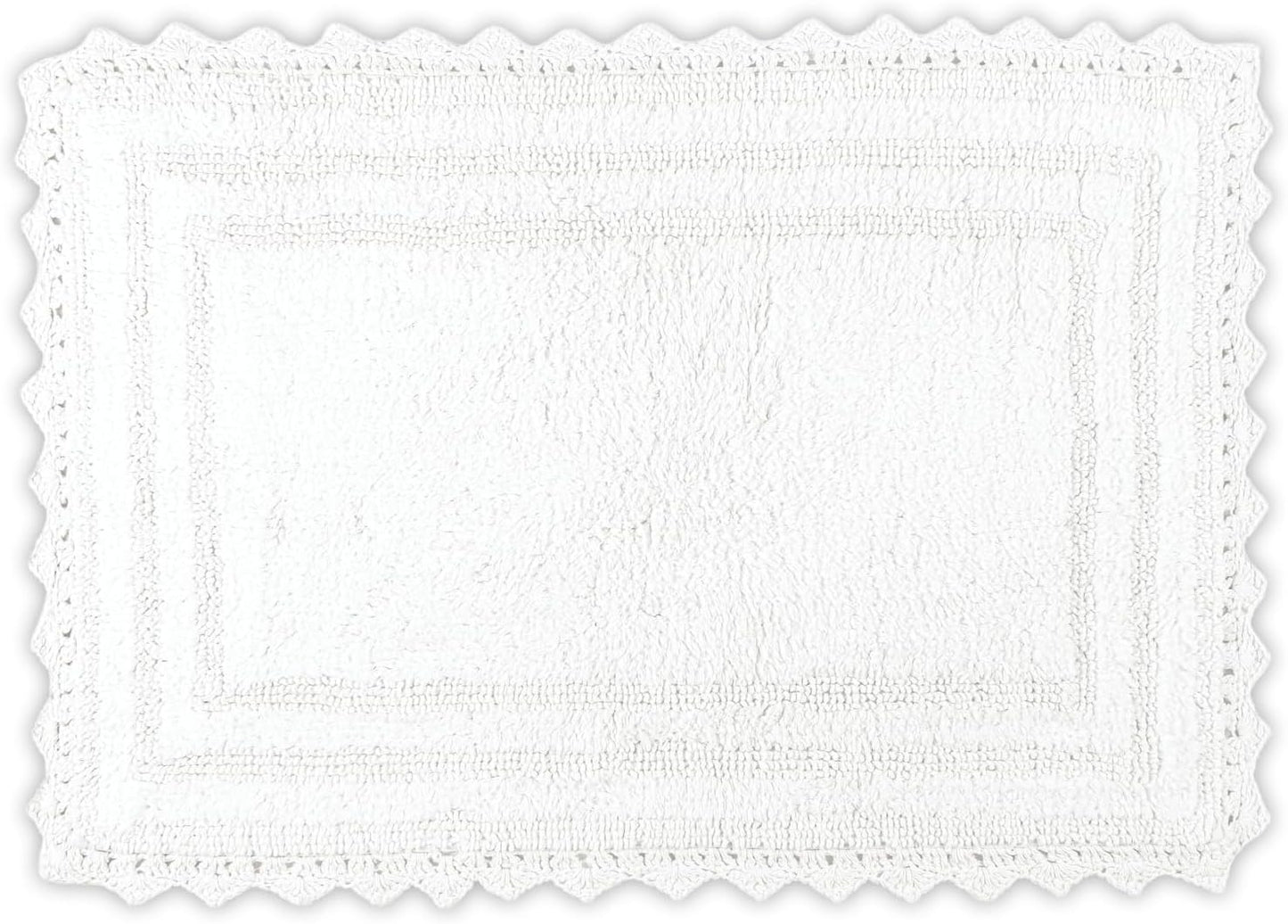 RAJRANG White Cotton Bath Rug 21x34 Inch – Reversible Soft Rectangular Mat with Crochet Border for Bathroom, Kitchen, Entry – Machine Washable & Absorbent