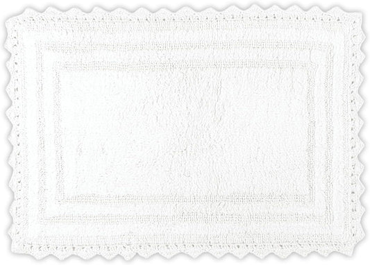 RAJRANG White Cotton Bath Rug 21x34 Inch – Reversible Soft Rectangular Mat with Crochet Border for Bathroom, Kitchen, Entry – Machine Washable & Absorbent