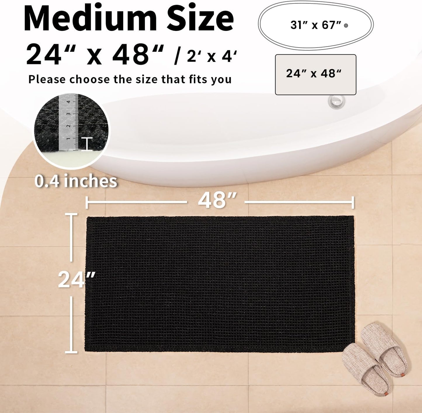 Black Bathroom Rug - Waffle Bath Mat Non Slip Washable, Super Absorbent & Quick Dry, Boho Bath Mat Farmhouse Bathroom Decor, 24'' x 48'', Black