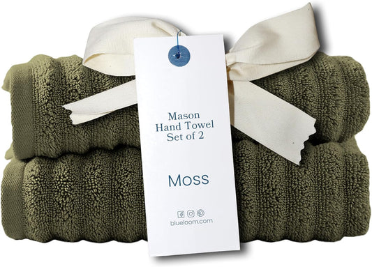 Blue Loom Ribbed Hand 2 Towels Set, 100% Cotton 600GSM, Soft Absorbent Durable Quick Drying for Bathroom - Mason 2 Piece 18" x 30" - Moss